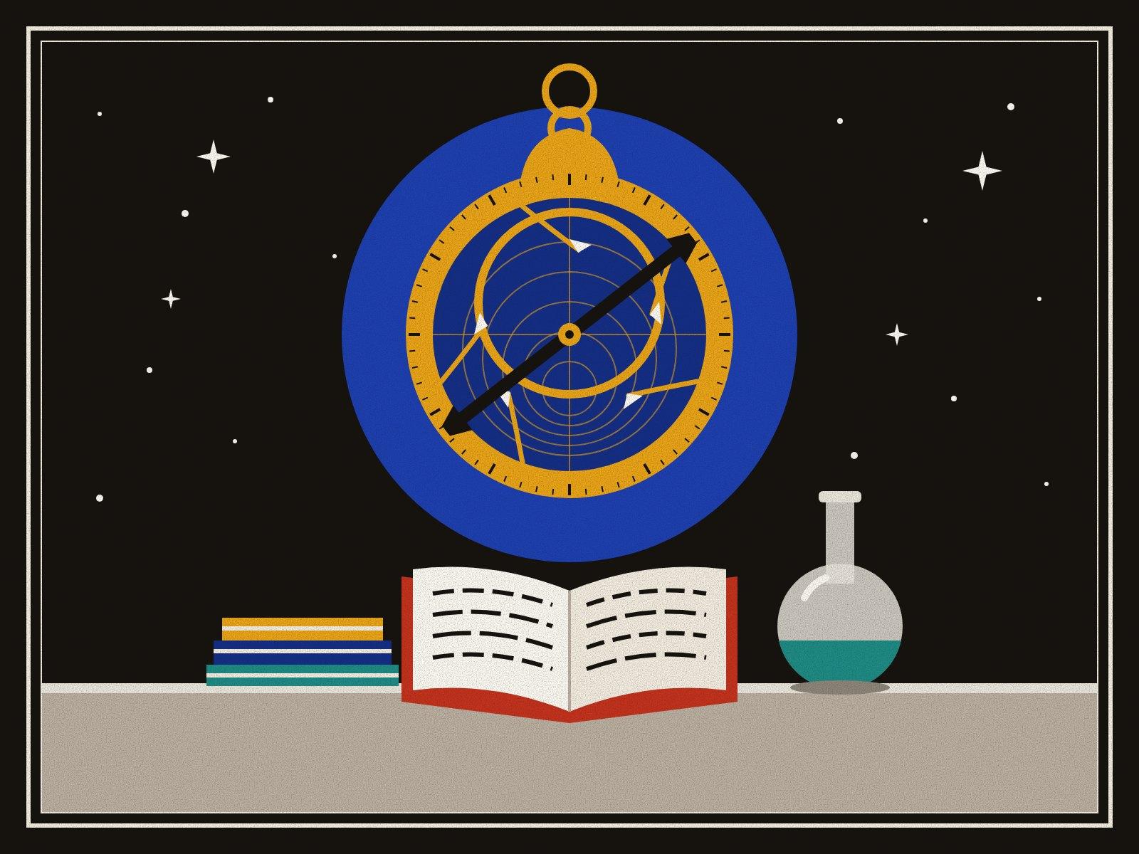 A brass astrolabe against a blue halo in a clear, starry night sky, above a table with an open book, a glass flask and a stack of books