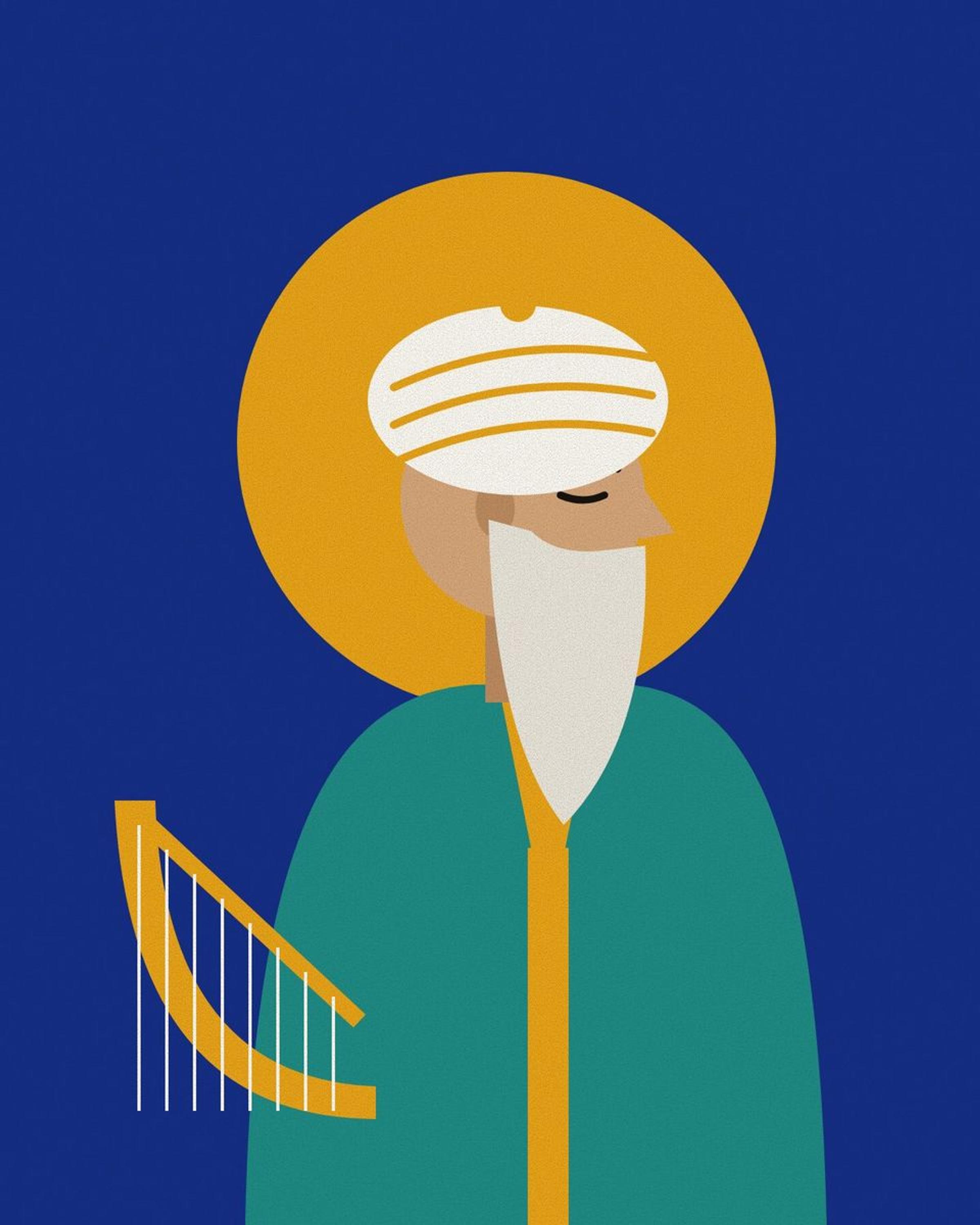 Stylised portrait of Rudaki with a long white beard and eyes closed, a white turban, against a saffron halo on deep lapis, with a harp (chang).