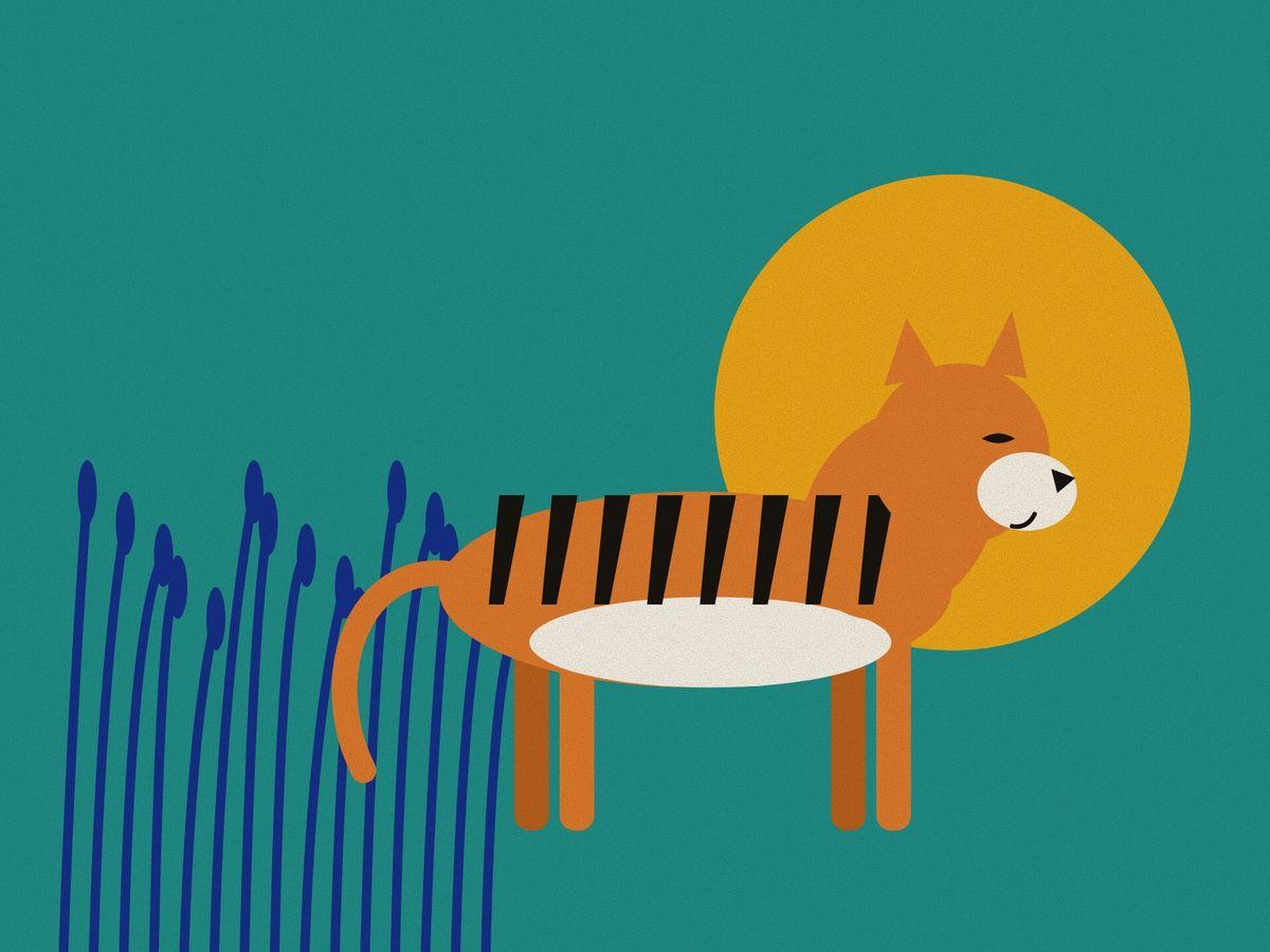 A geometric Caspian tiger in profile, orange with black stripes, against a saffron halo on turquoise, among the reeds of the Mazandaran shore.