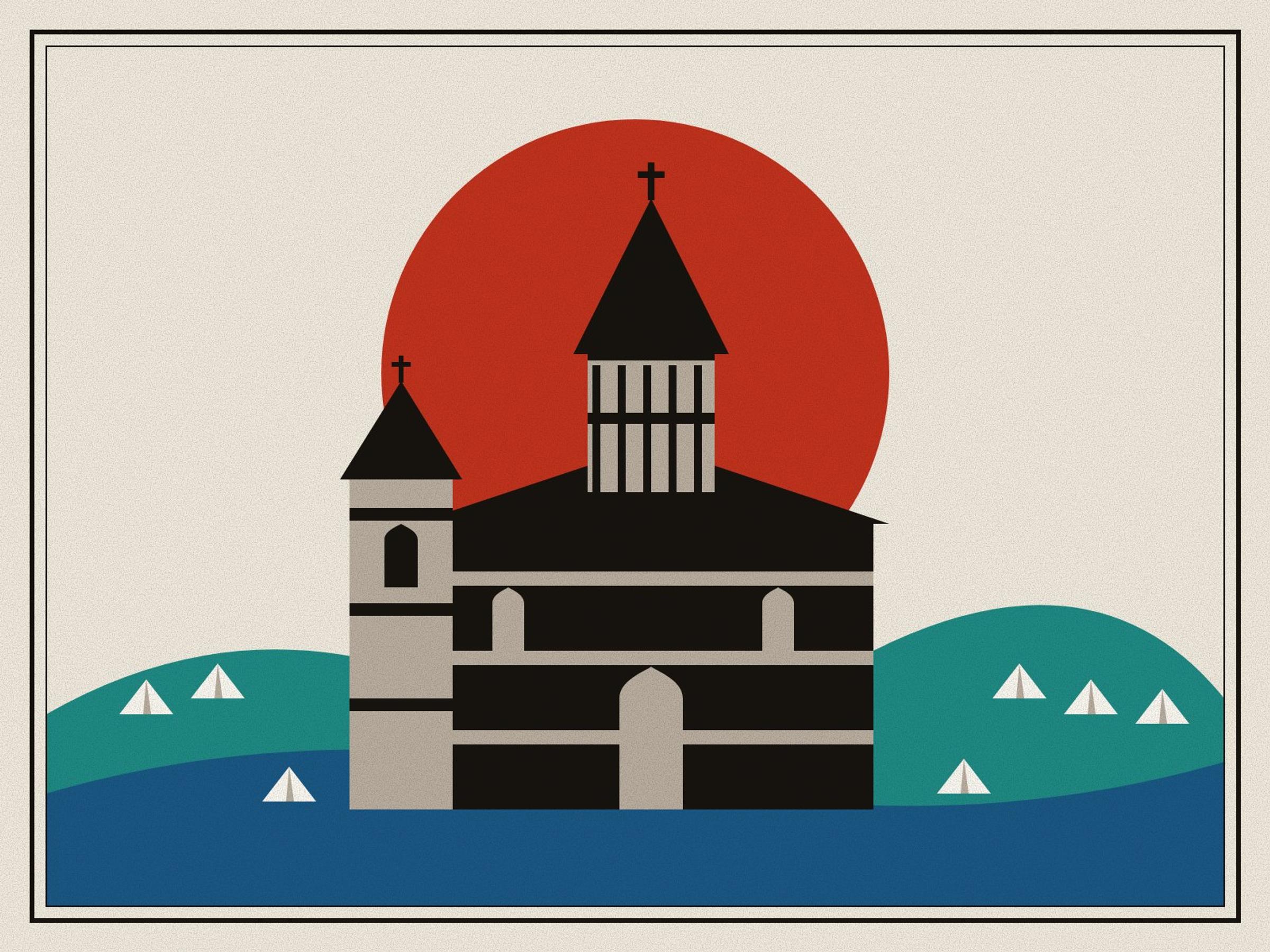 The black-and-pale stone church of St Thaddeus with conical domes and small crosses against a red halo, with pilgrims' white tents on green hills