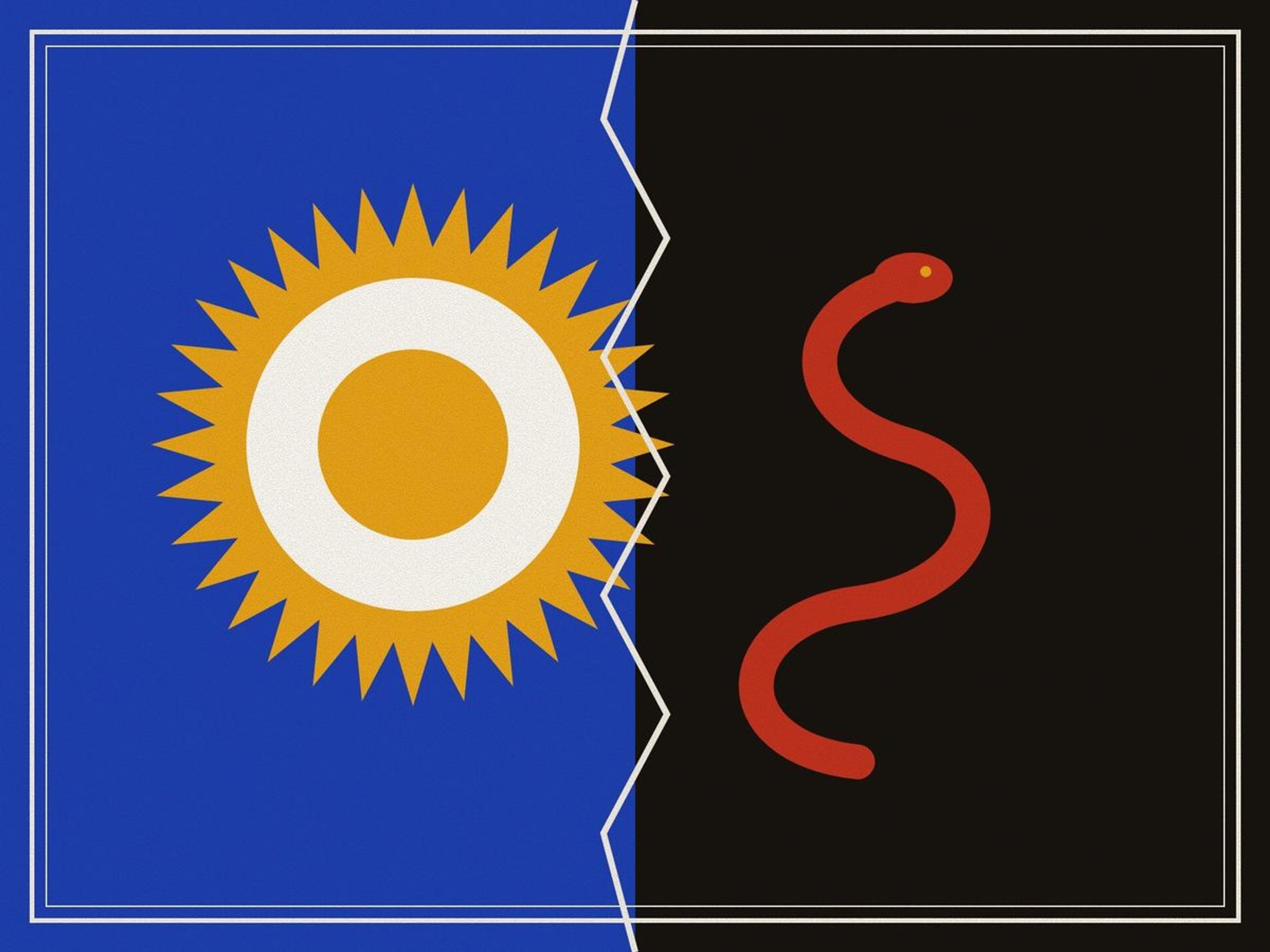 The world divided: on the left a white and saffron sun on lapis for Ahura Mazda, on the right a red serpent in the black for Ahriman, the border between them a jagged line, inside a ruled frame.
