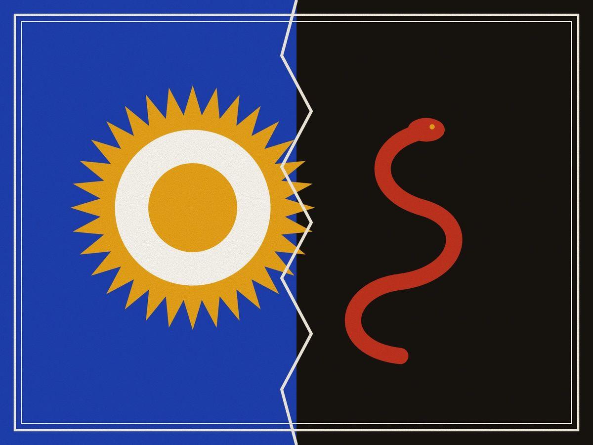 The world divided: on the left a white and saffron sun on lapis for Ahura Mazda, on the right a red serpent in the black for Ahriman, the border between them a jagged line, inside a ruled frame.