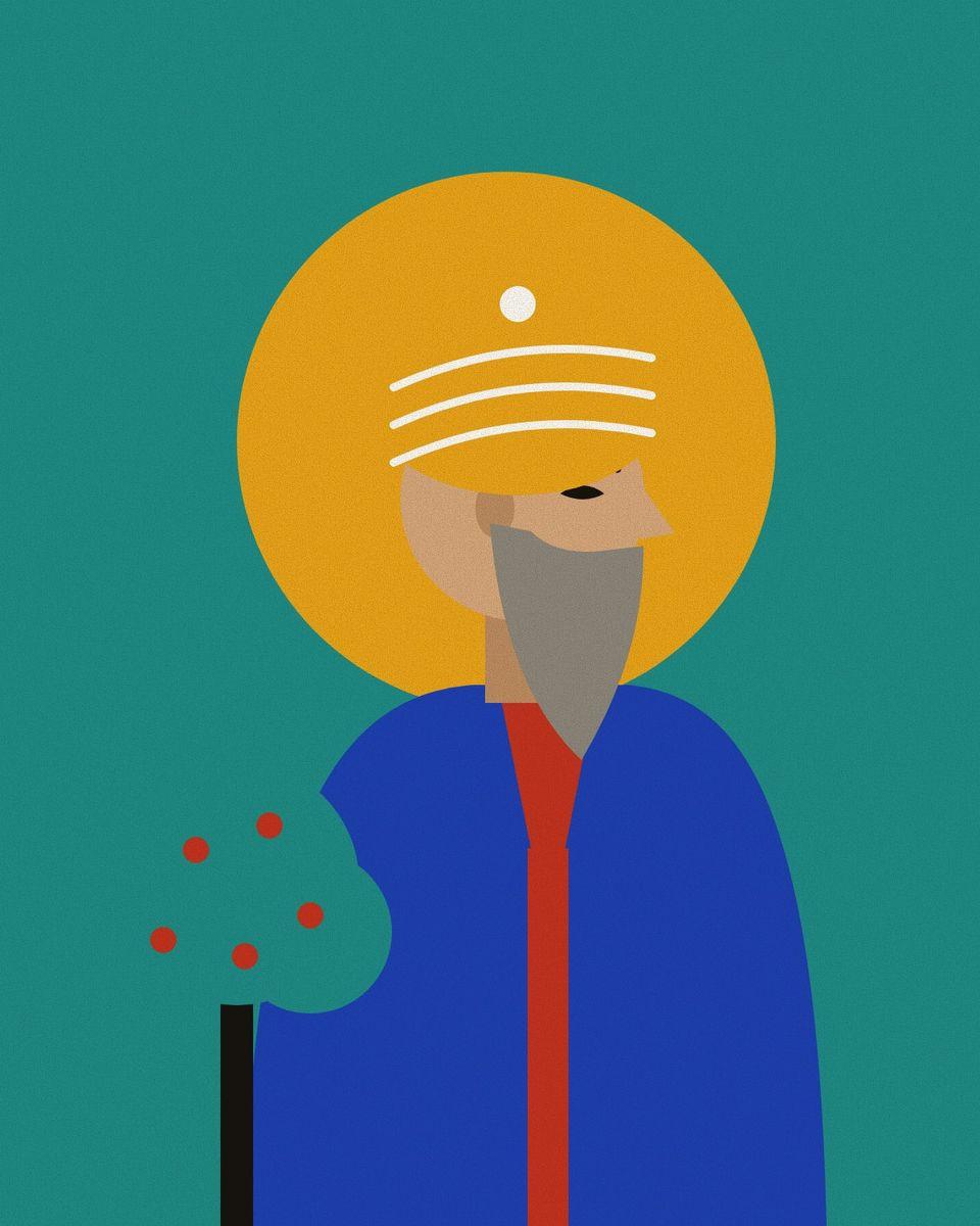 Stylised portrait of Sanai with a grey beard and a saffron turban, against a saffron halo on turquoise, with a fruiting tree for his Garden of Truth.