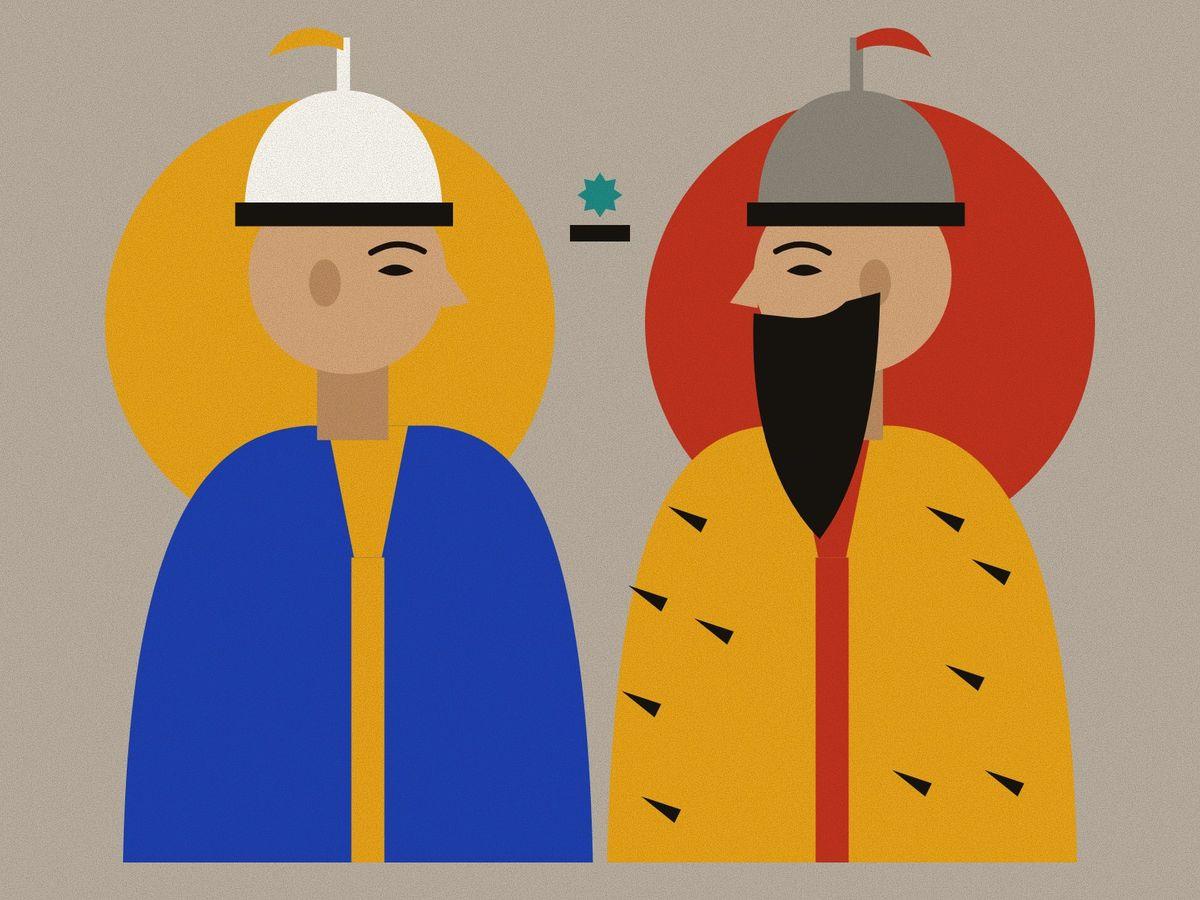 Two geometric profiles facing each other on clay: young, beardless Sohrab in a white helmet before a saffron halo, and Rostam, bearded, in his grey helmet and tiger skin before a red one; between them, the armband by which the father knew his son too late.