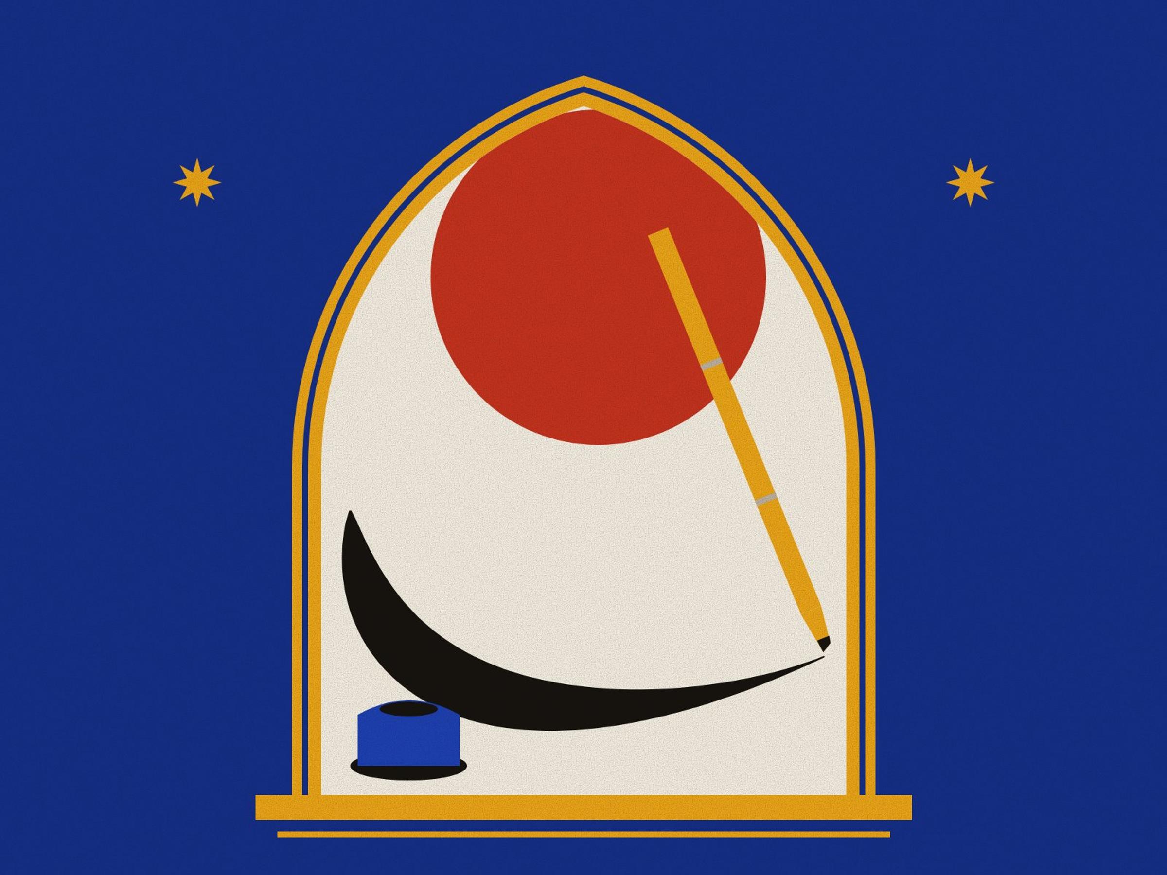 A reed pen finishing one long sweeping black stroke beside a small blue inkwell, before a red halo inside a pointed arch