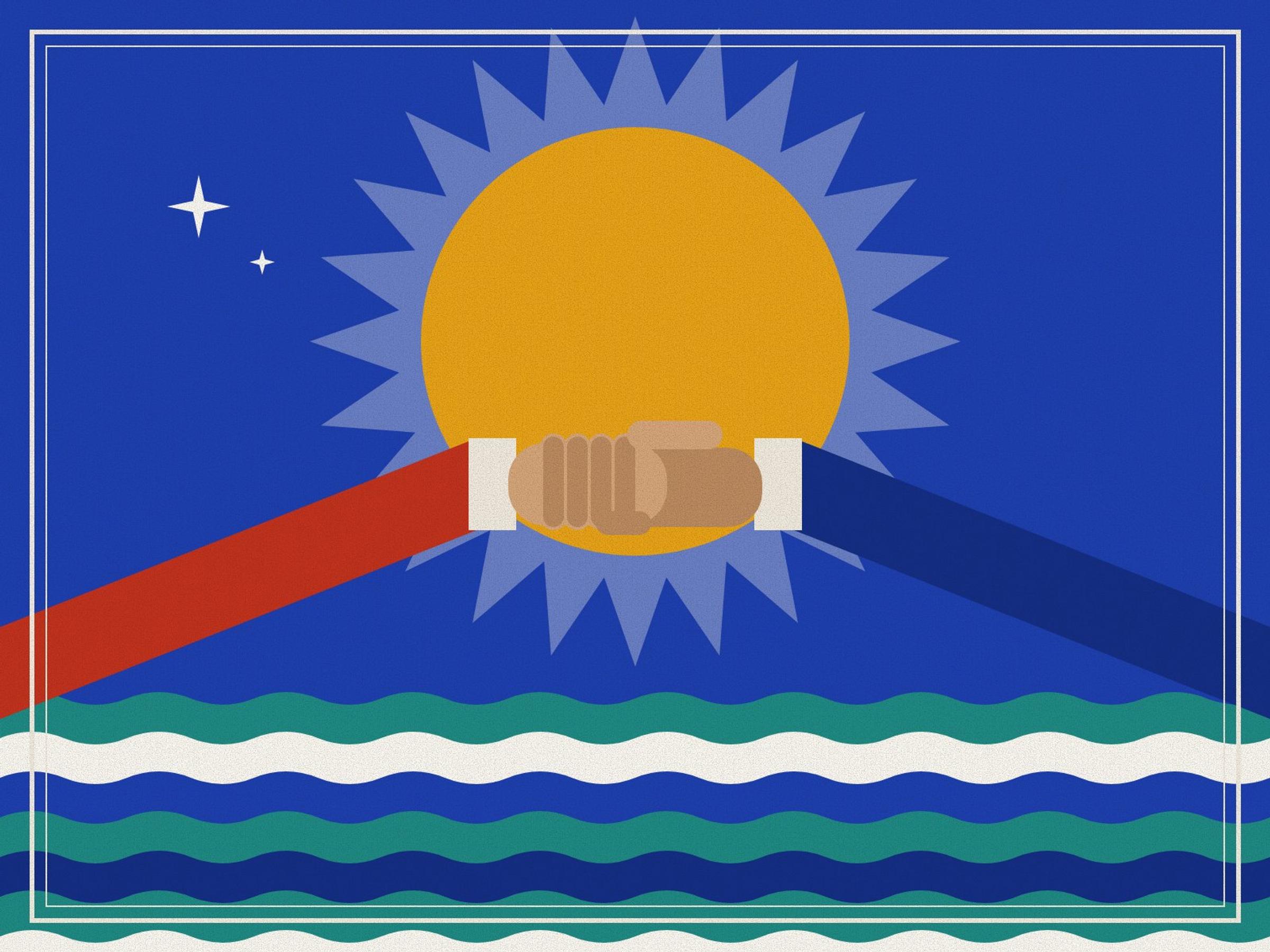 Two hands clasped in a covenant before a rayed saffron sun, over bands of flowing water, with a white star above, on lapis