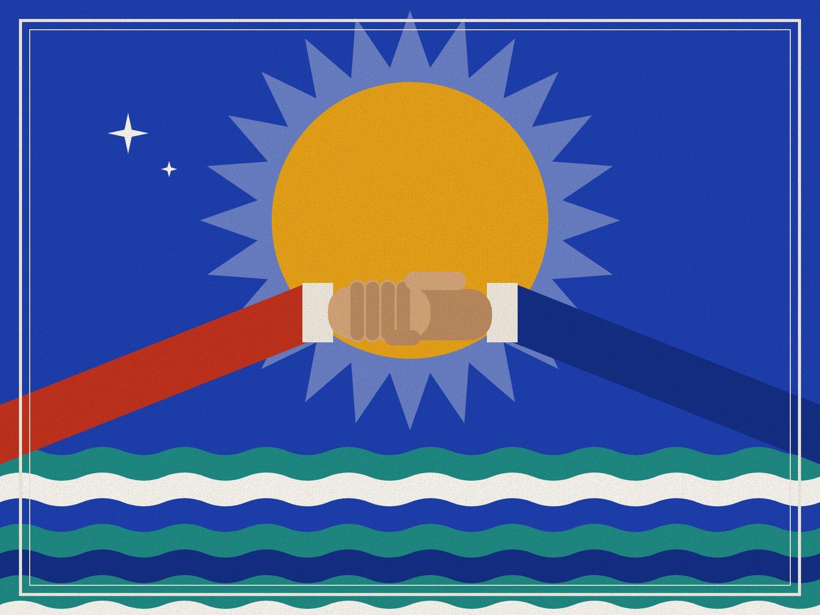 Two hands clasped in a covenant before a rayed saffron sun, over bands of flowing water, with a white star above, on lapis