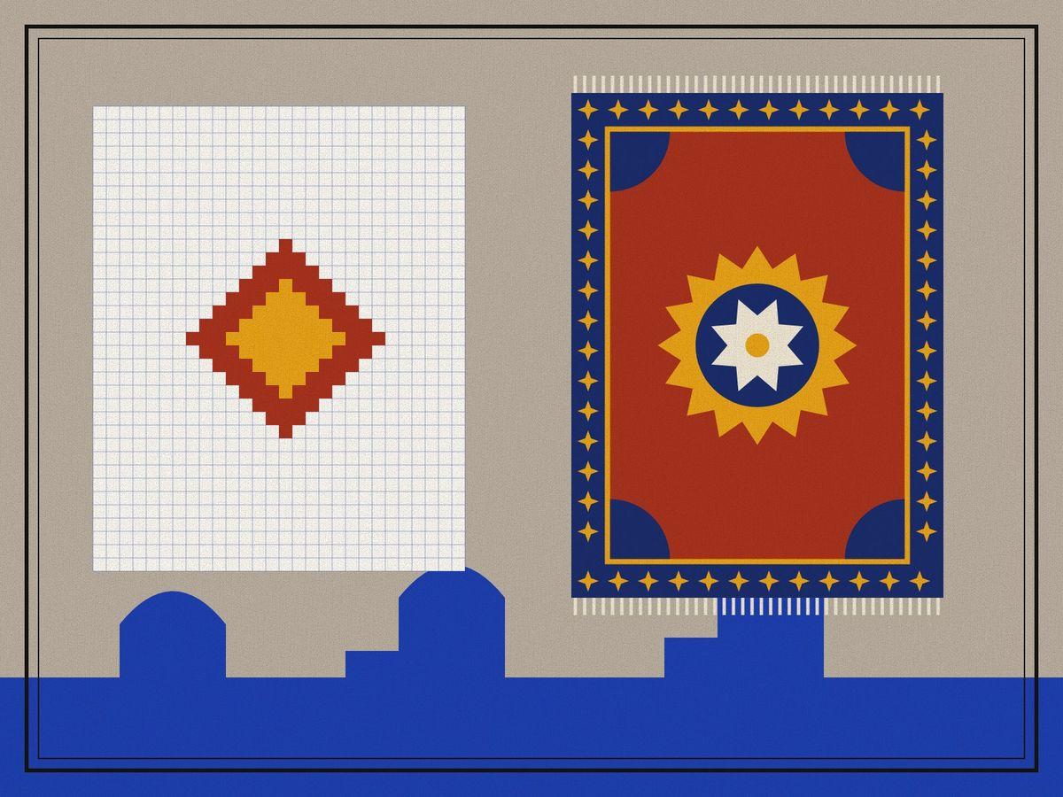 A weaver's cartoon on squared paper, its medallion coloured in cell by cell, beside the red city carpet woven from it, above a blue skyline of domes and a minaret, inside a ruled frame.