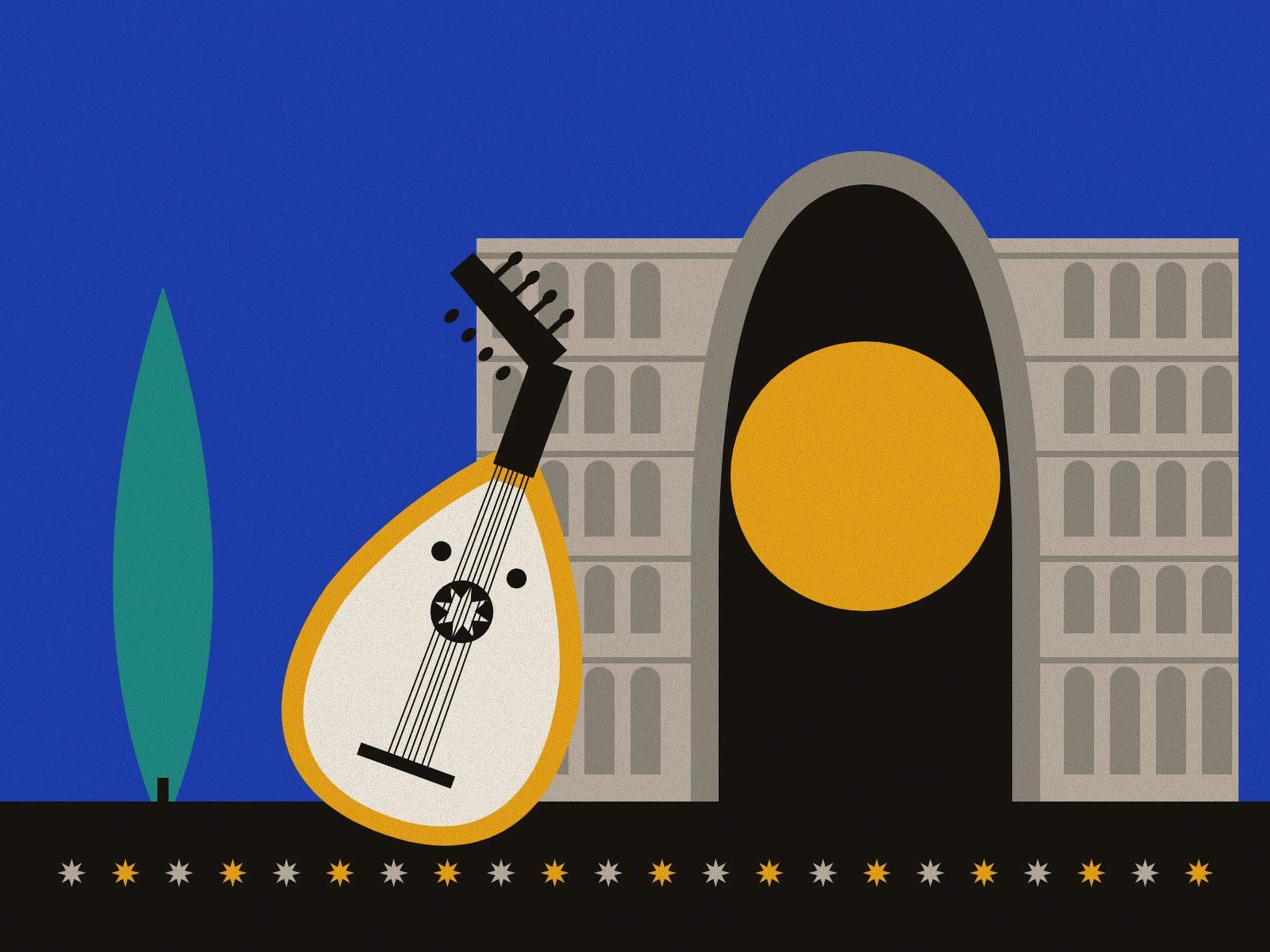 A barbat lute with its pegbox bent back leaning before the great vault and blind arcades of Taq-e Kasra, a saffron disc inside the arch and a turquoise cypress beside it