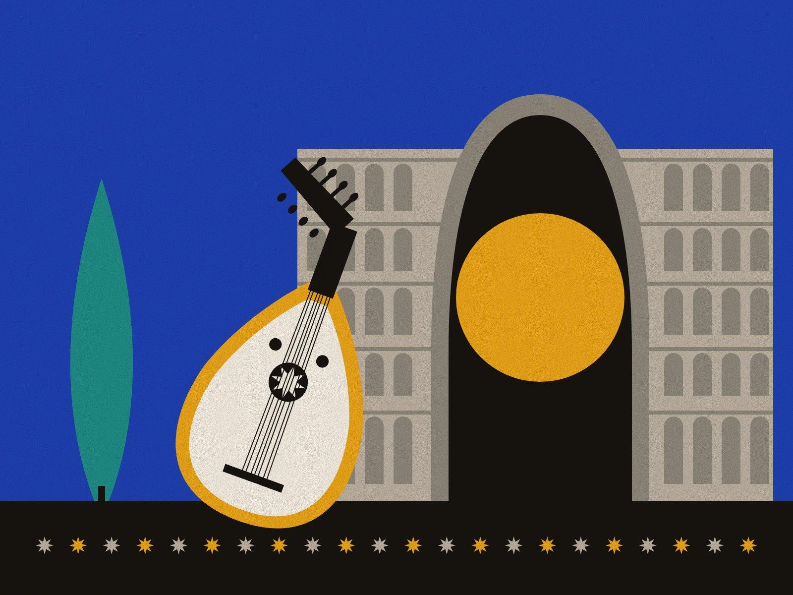 A barbat lute with its pegbox bent back leaning before the great vault and blind arcades of Taq-e Kasra, a saffron disc inside the arch and a turquoise cypress beside it