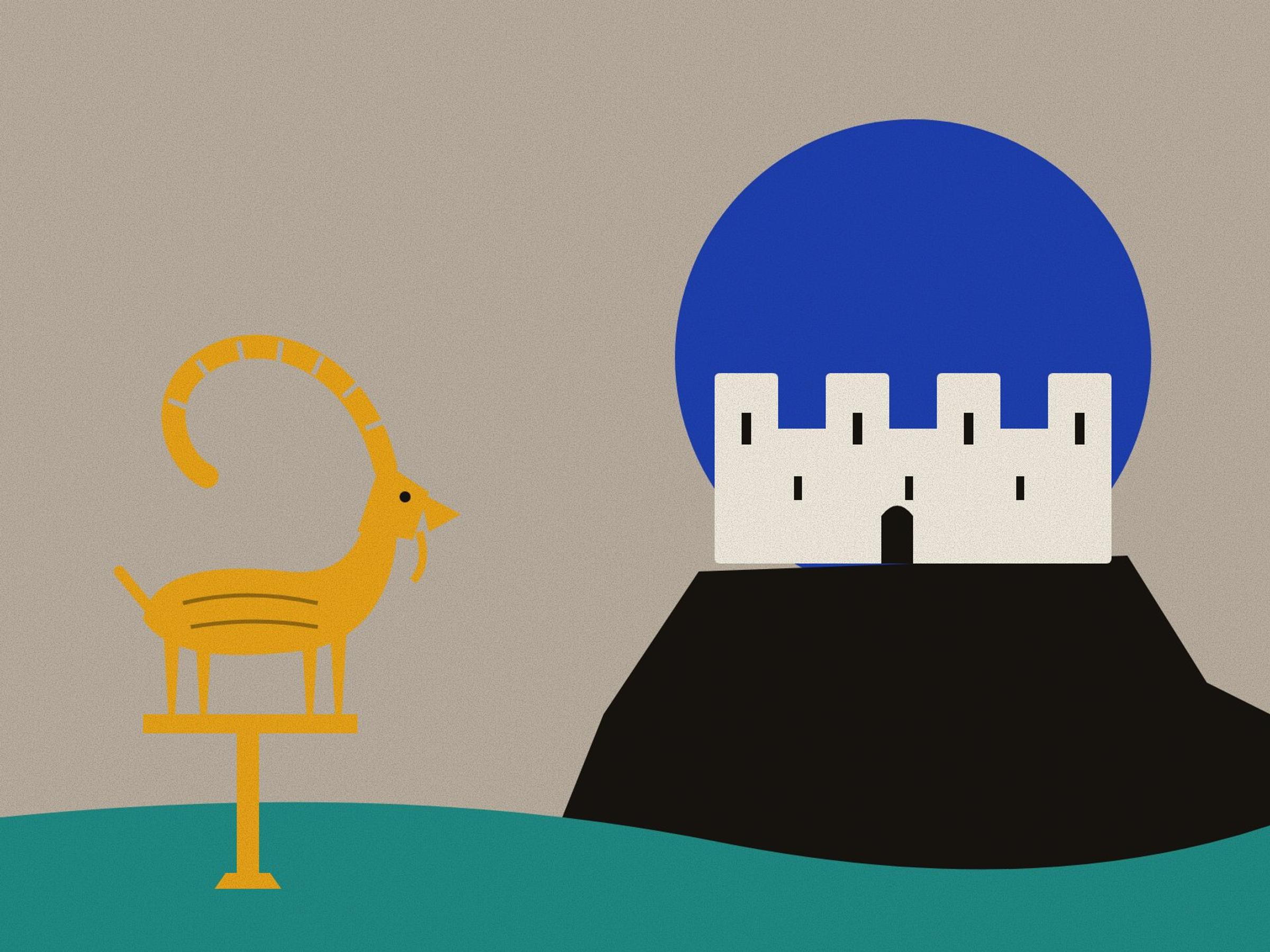 The round towers of Falak-ol-Aflak fortress on a dark hill against a lapis halo on clay, with a saffron ibex with great ridged horns standing on a finial in front, after the Luristan bronzes.
