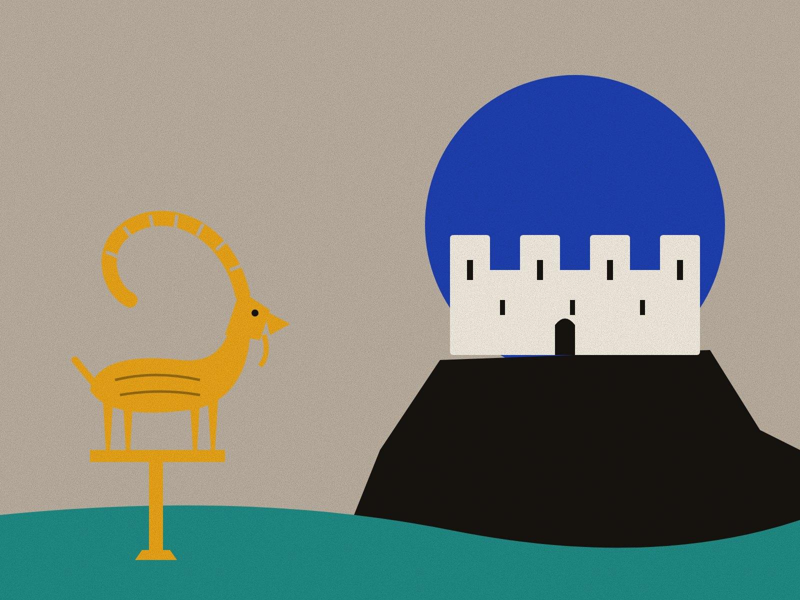 The round towers of Falak-ol-Aflak fortress on a dark hill against a lapis halo on clay, with a saffron ibex with great ridged horns standing on a finial in front, after the Luristan bronzes.