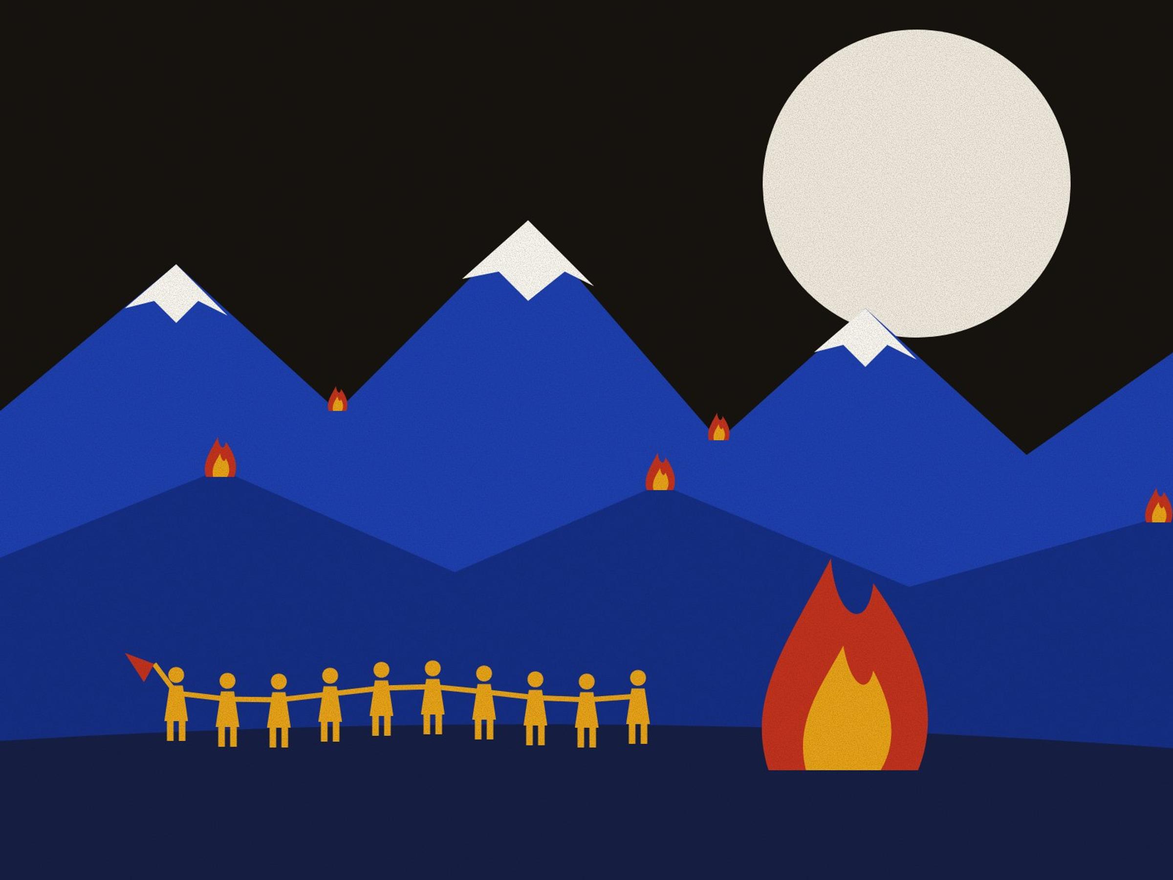 A Newroz night in the Zagros: snow-capped blue peaks under a pale moon, small bonfires on the ridges, and a great fire beside a line of tiny figures with linked hands in the circle dance, the leader raising a red handkerchief.