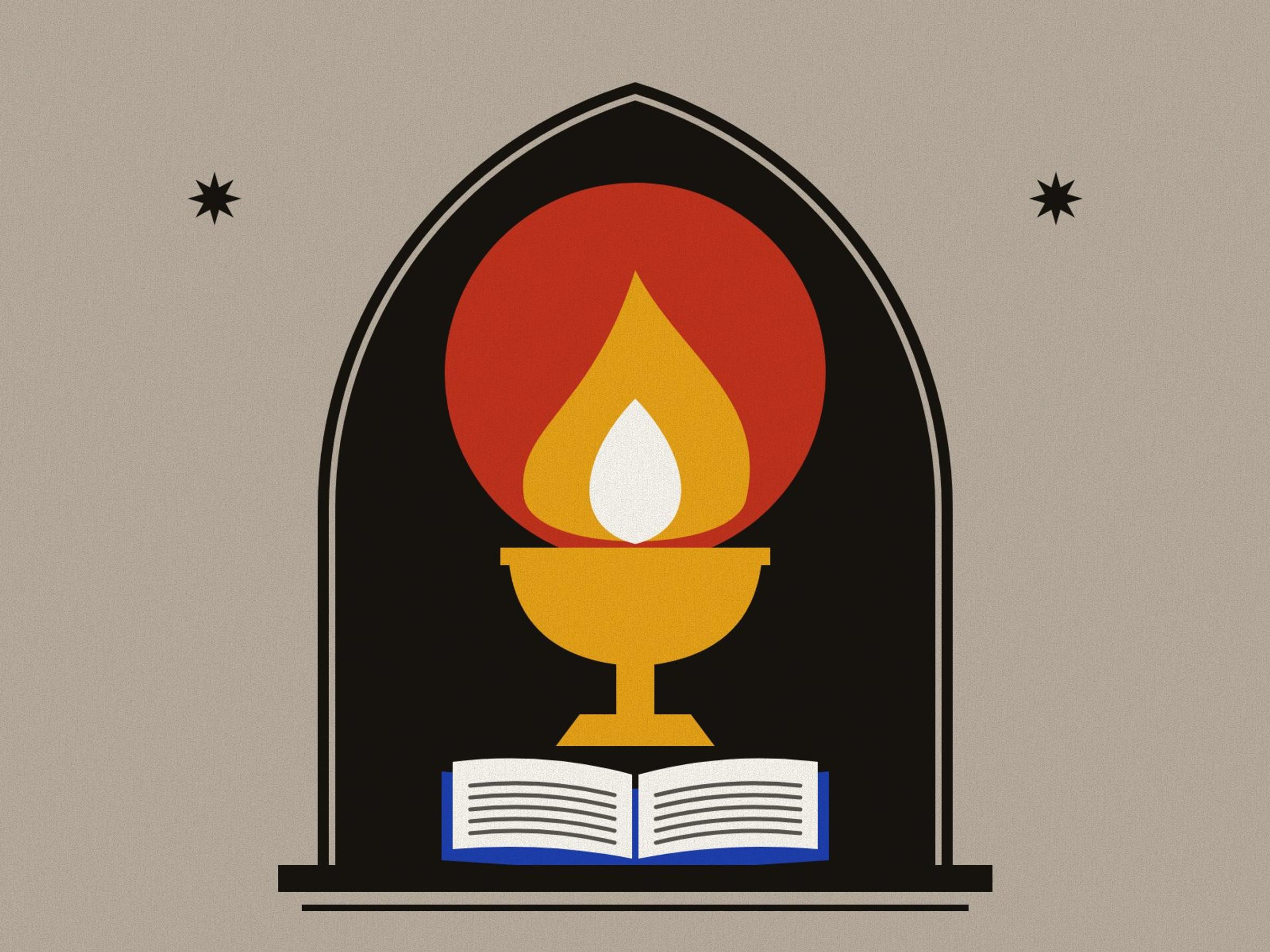 A fire burning in a brass urn before a red halo on black inside a pointed arch, with an open manuscript in front