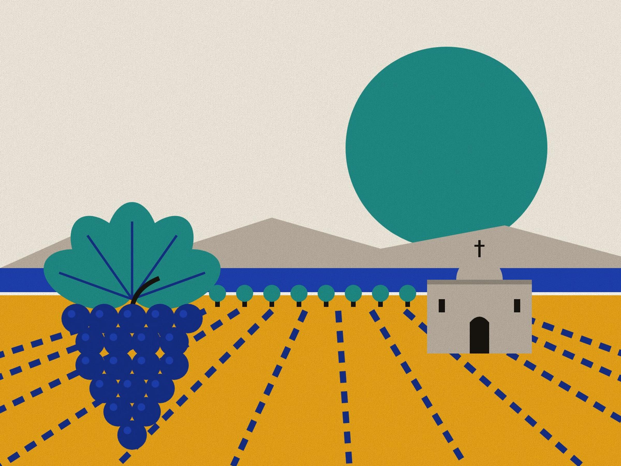 The Urmia plain, rows of vines running towards Lake Urmia and the hills beyond, a line of orchard trees and a small old church with a low dome and a cross, with a large bunch of dark grapes in front, under a turquoise sun on paper.