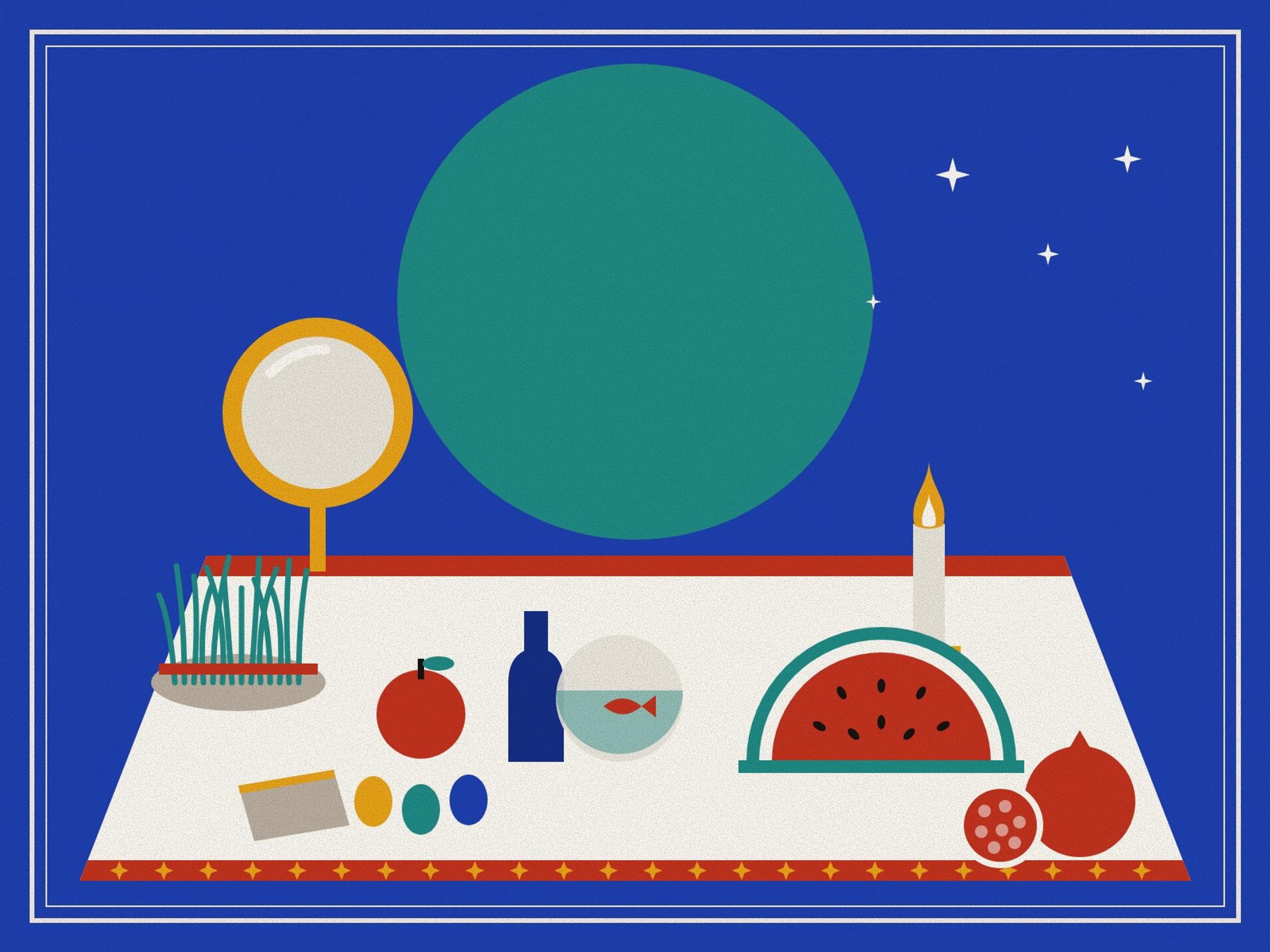 One white cloth laid for Nowruz and Yalda: mirror, sprouts, apple, vinegar, painted eggs and goldfish beside watermelon, pomegranate and a candle, on lapis