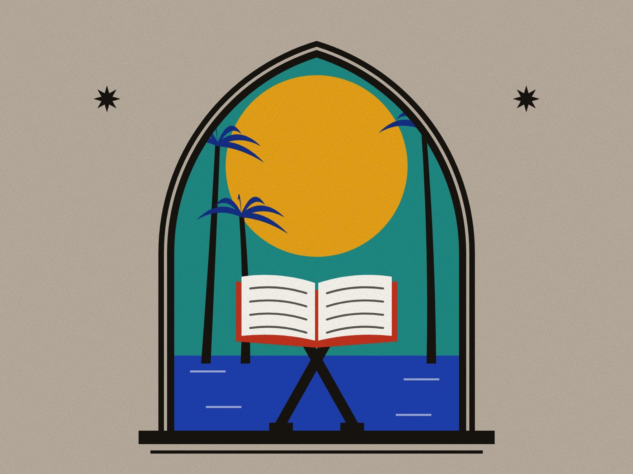 An open manuscript on a folding wooden book-stand before a saffron halo, with date palms and river water behind, inside a pointed arch