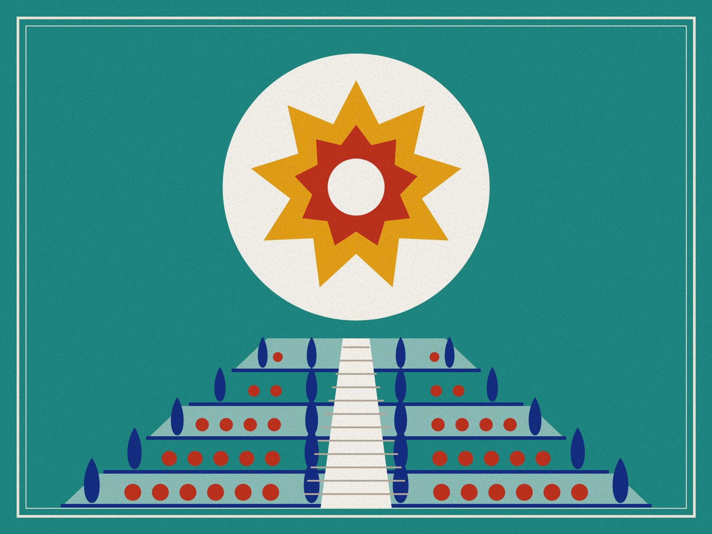 A saffron and red nine-pointed star on a white halo above garden terraces with cypresses and red flower beds either side of a white stair, on turquoise