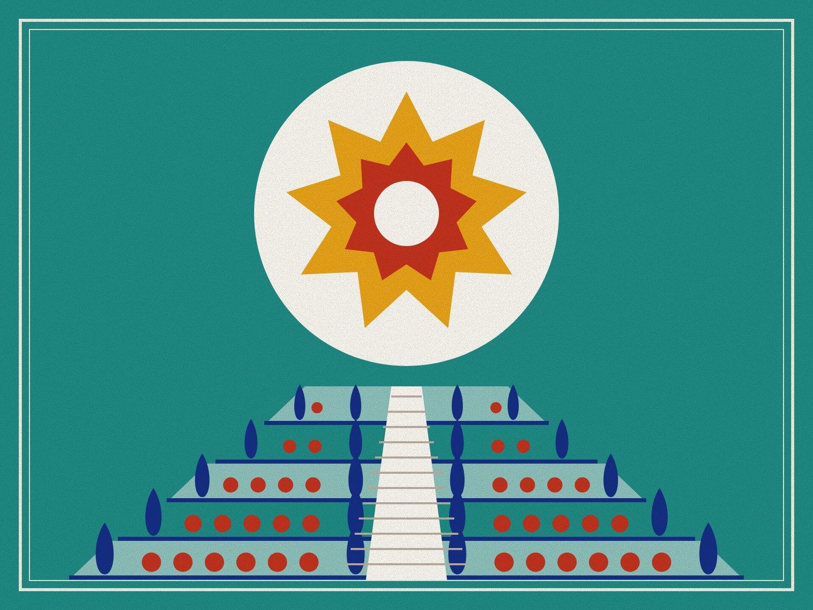 A saffron and red nine-pointed star on a white halo above garden terraces with cypresses and red flower beds either side of a white stair, on turquoise