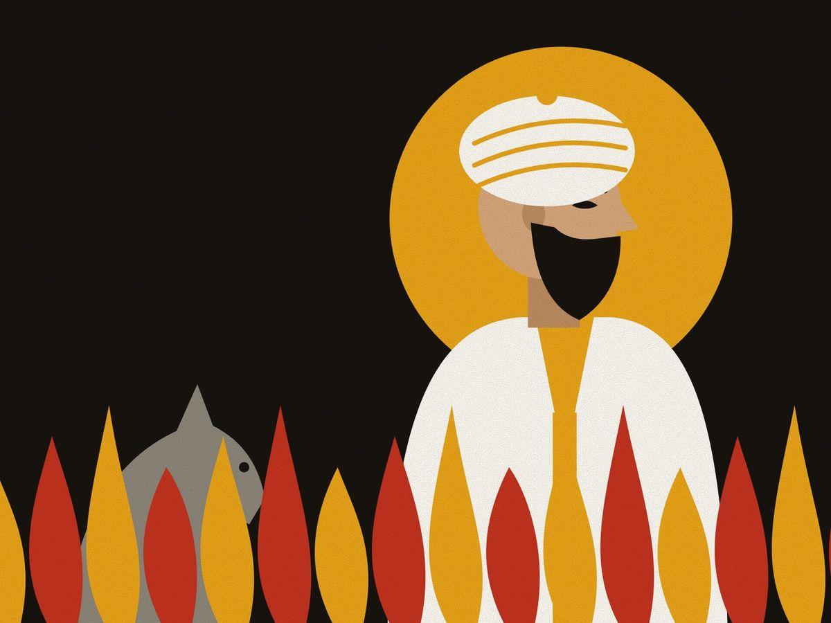 A geometric profile of Siyavash in white with a white turban and a short dark beard, against a saffron halo on black, riding his black horse Shabrang through a wall of flame.