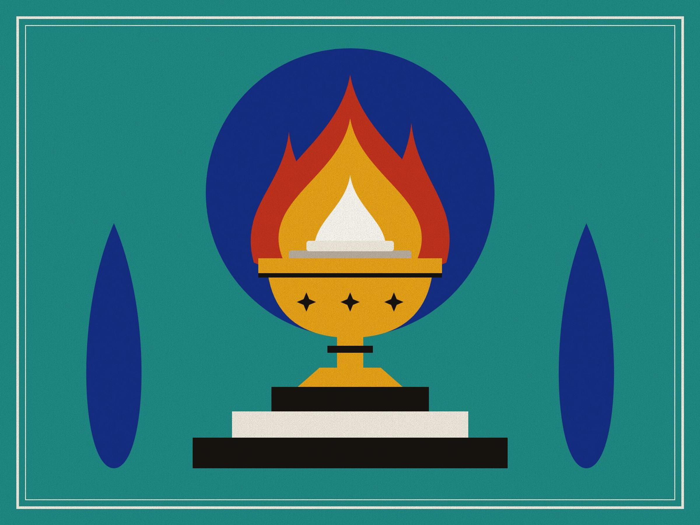 A brass fire urn burning with a tall red, saffron and white flame on three steps, between two dark cypresses, against a deep blue halo on turquoise