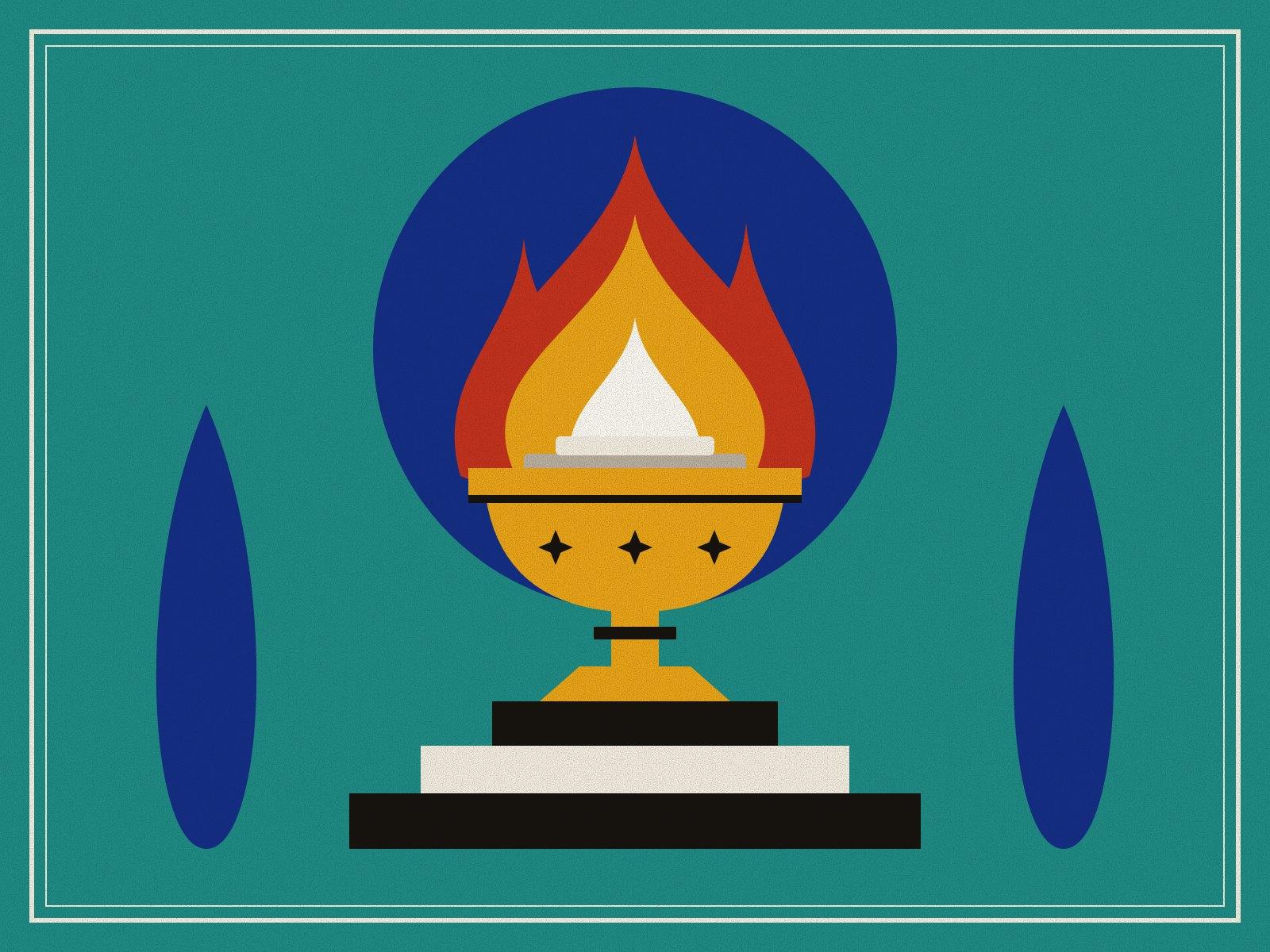 A brass fire urn burning with a tall red, saffron and white flame on three steps, between two dark cypresses, against a deep blue halo on turquoise