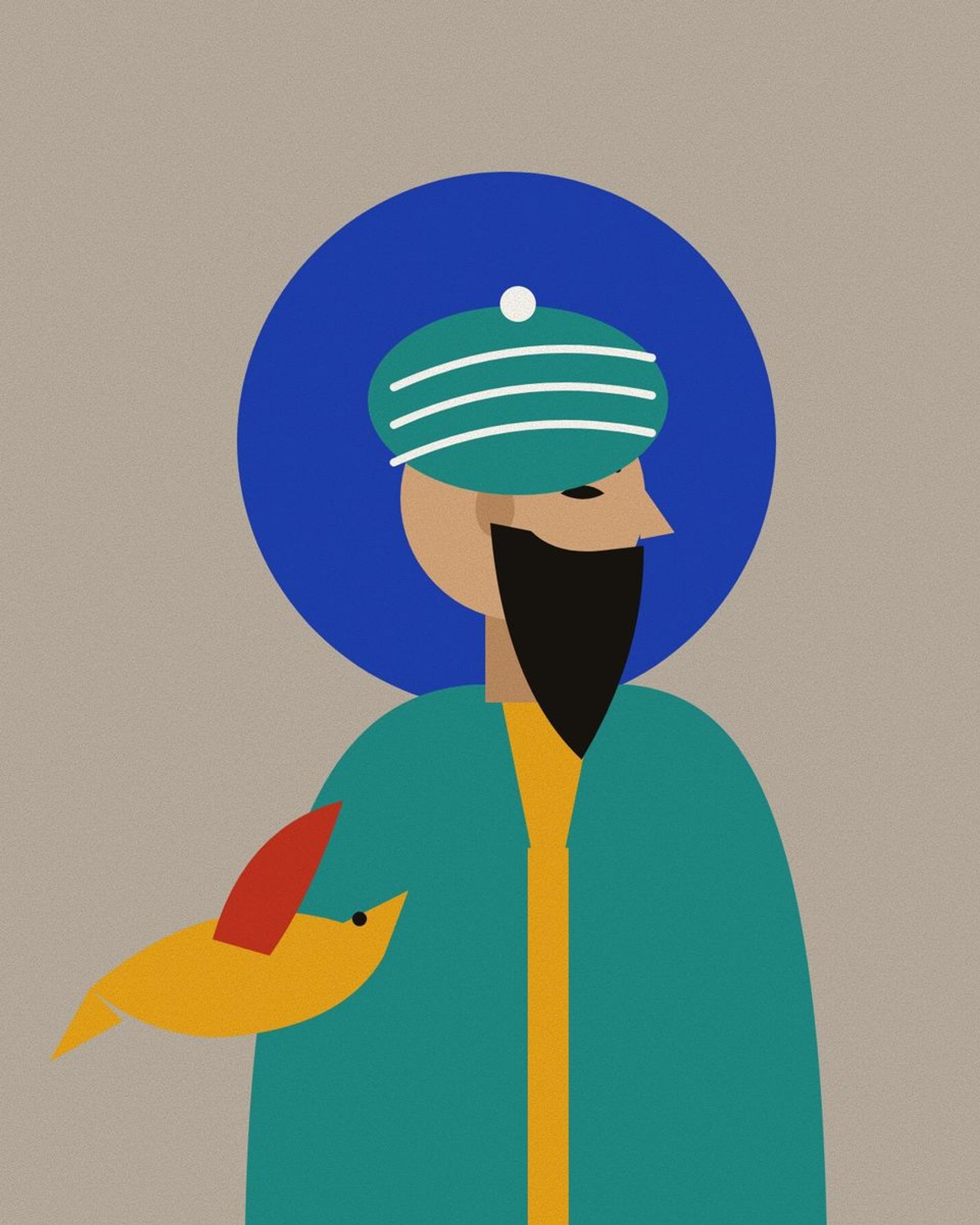 Stylised portrait of Khwaju with a dark pointed beard and a turquoise turban, against a lapis halo on clay, with the fabled homa bird.