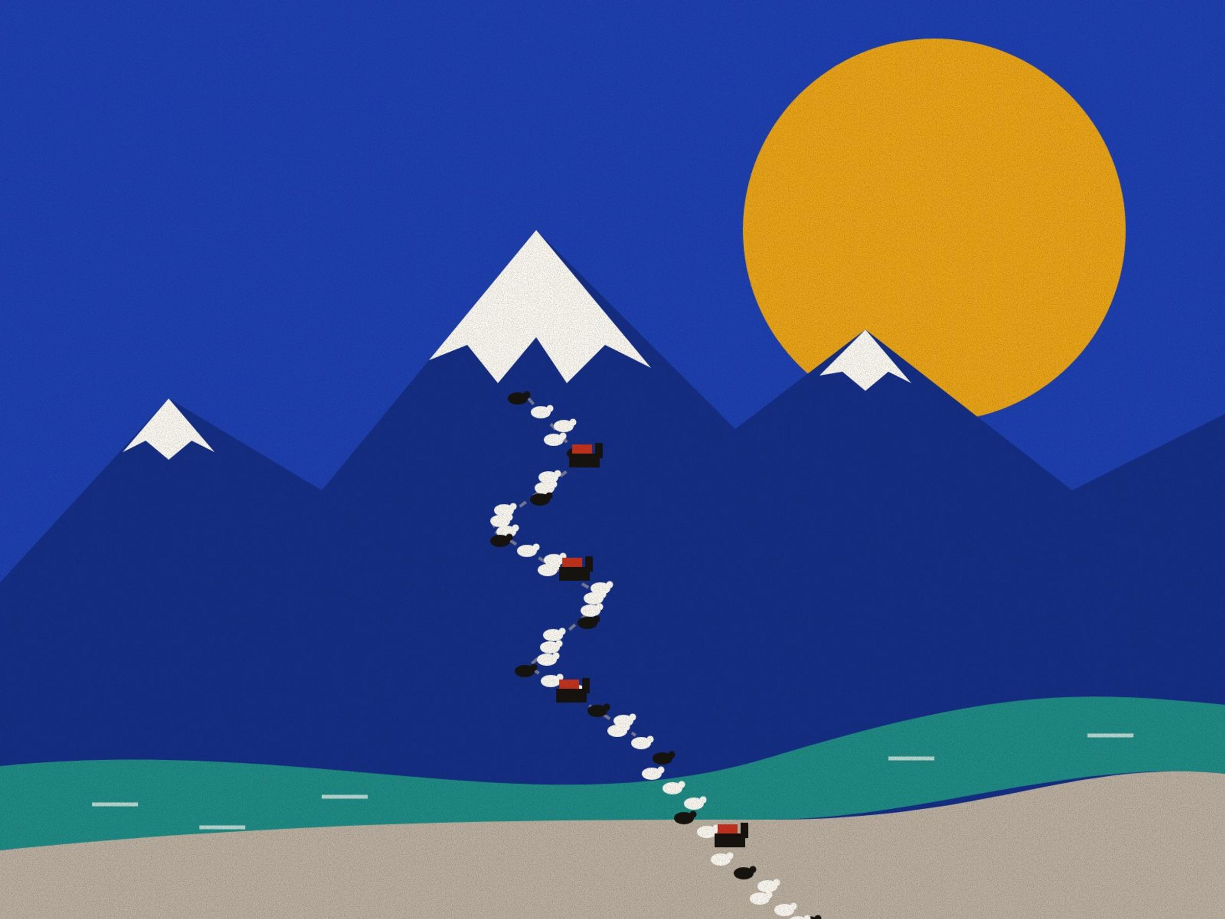 The Bakhtiari migration: a long thread of tiny white sheep, black goats and laden pack horses winding down from the snowfields of Zard Kuh and fording a turquoise river, under a saffron sun on lapis.