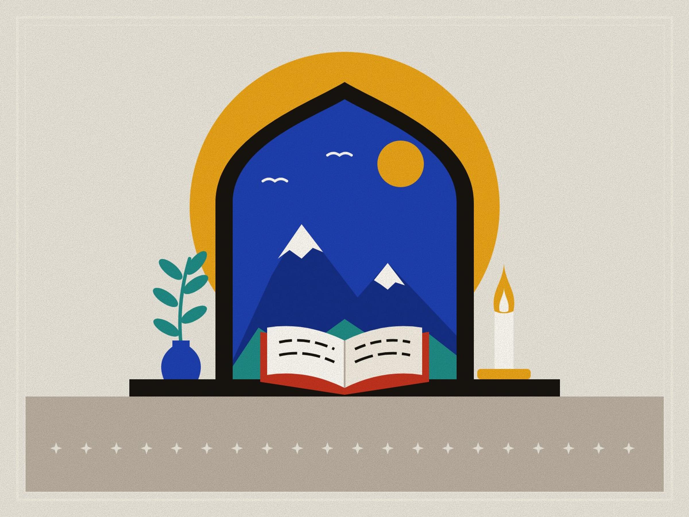 A pointed window opening onto snow-capped blue mountains against a saffron halo, with an open book of poems, a burning candle and a sprig of leaves in a blue vase on the sill