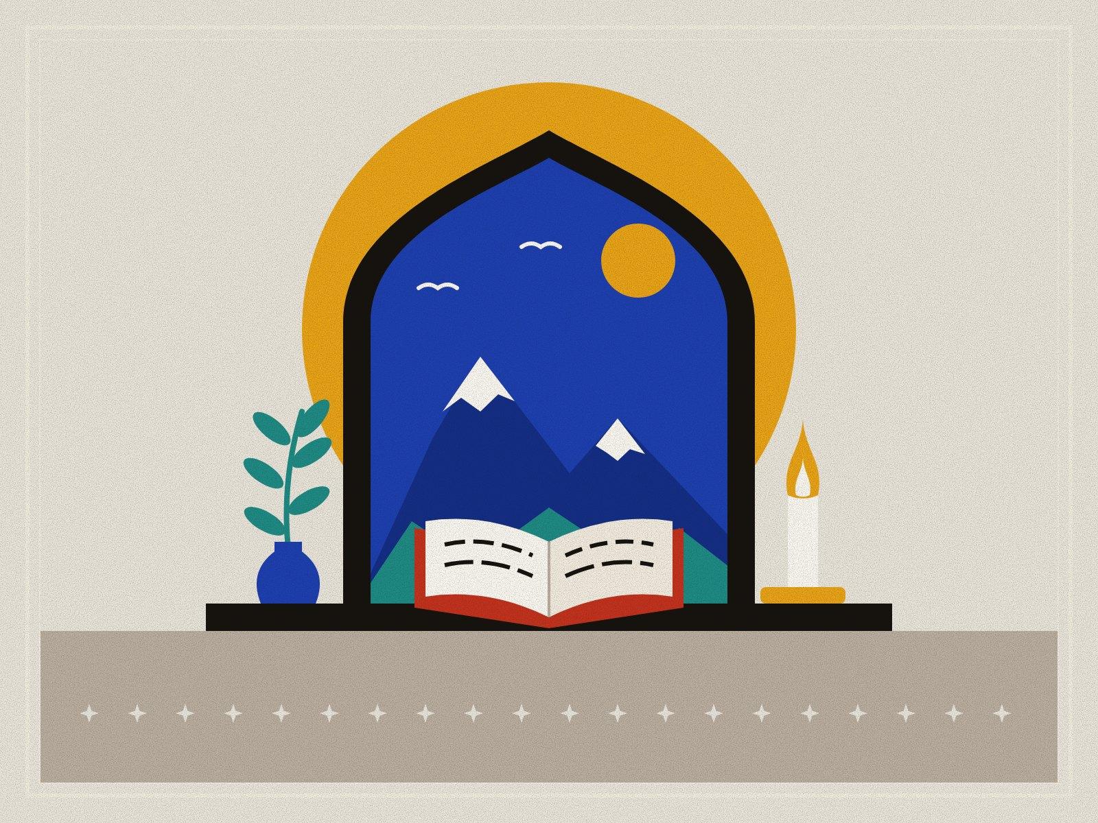 A pointed window opening onto snow-capped blue mountains against a saffron halo, with an open book of poems, a burning candle and a sprig of leaves in a blue vase on the sill