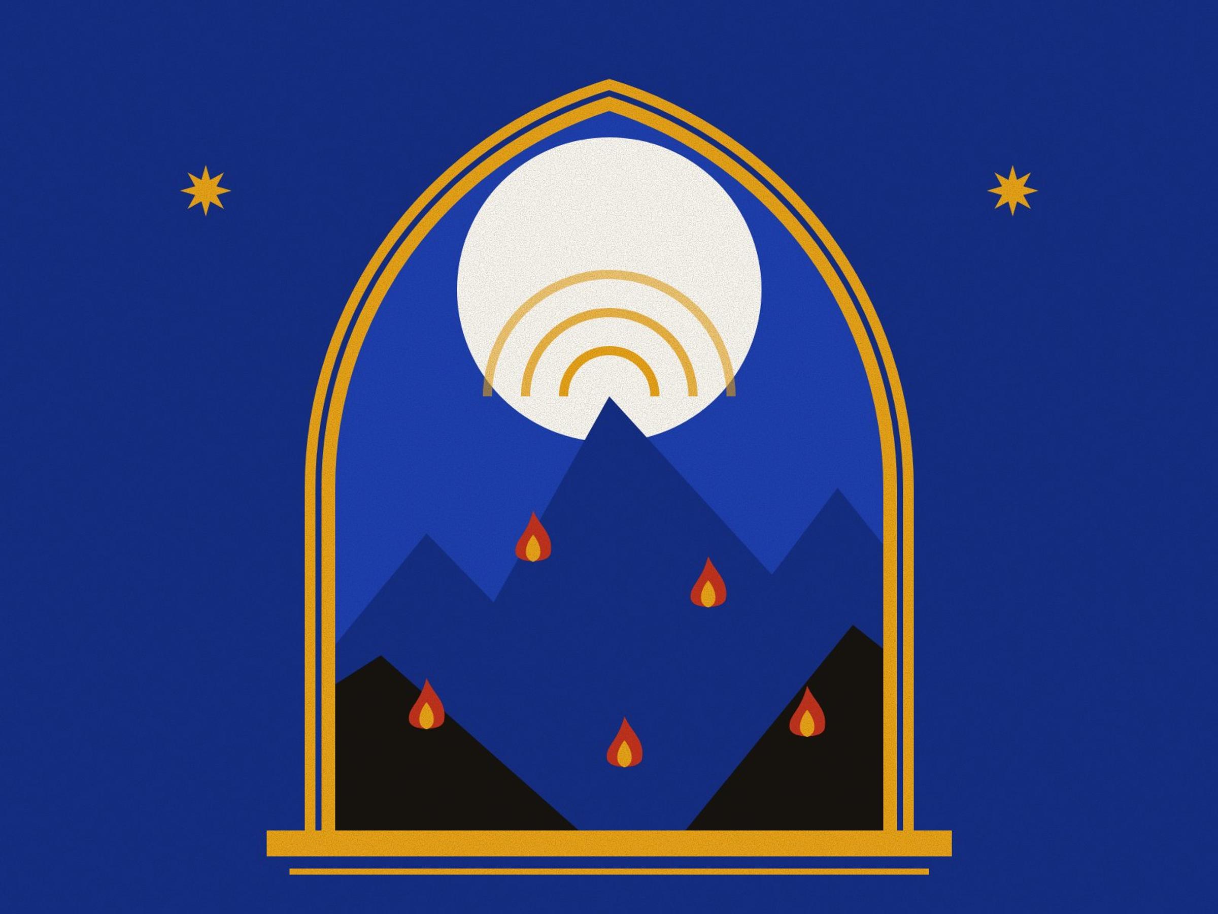 Dark mountains with small fires on their slopes and saffron rings of song rising from the highest peak under a white moon, inside a pointed arch