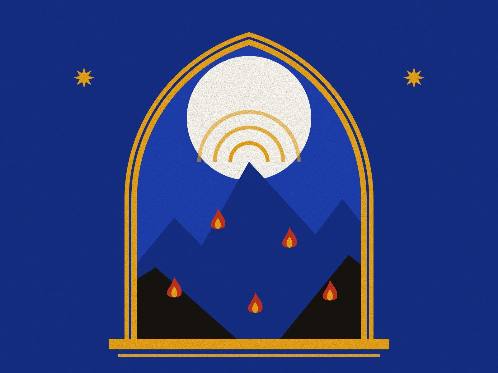 Dark mountains with small fires on their slopes and saffron rings of song rising from the highest peak under a white moon, inside a pointed arch