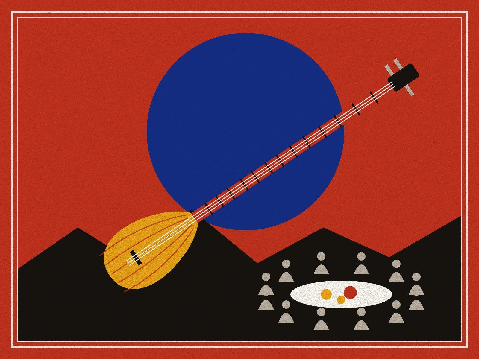 A long-necked tanbur across a deep blue halo on red, and below it, on dark mountains, small seated figures in a circle around a shared offering