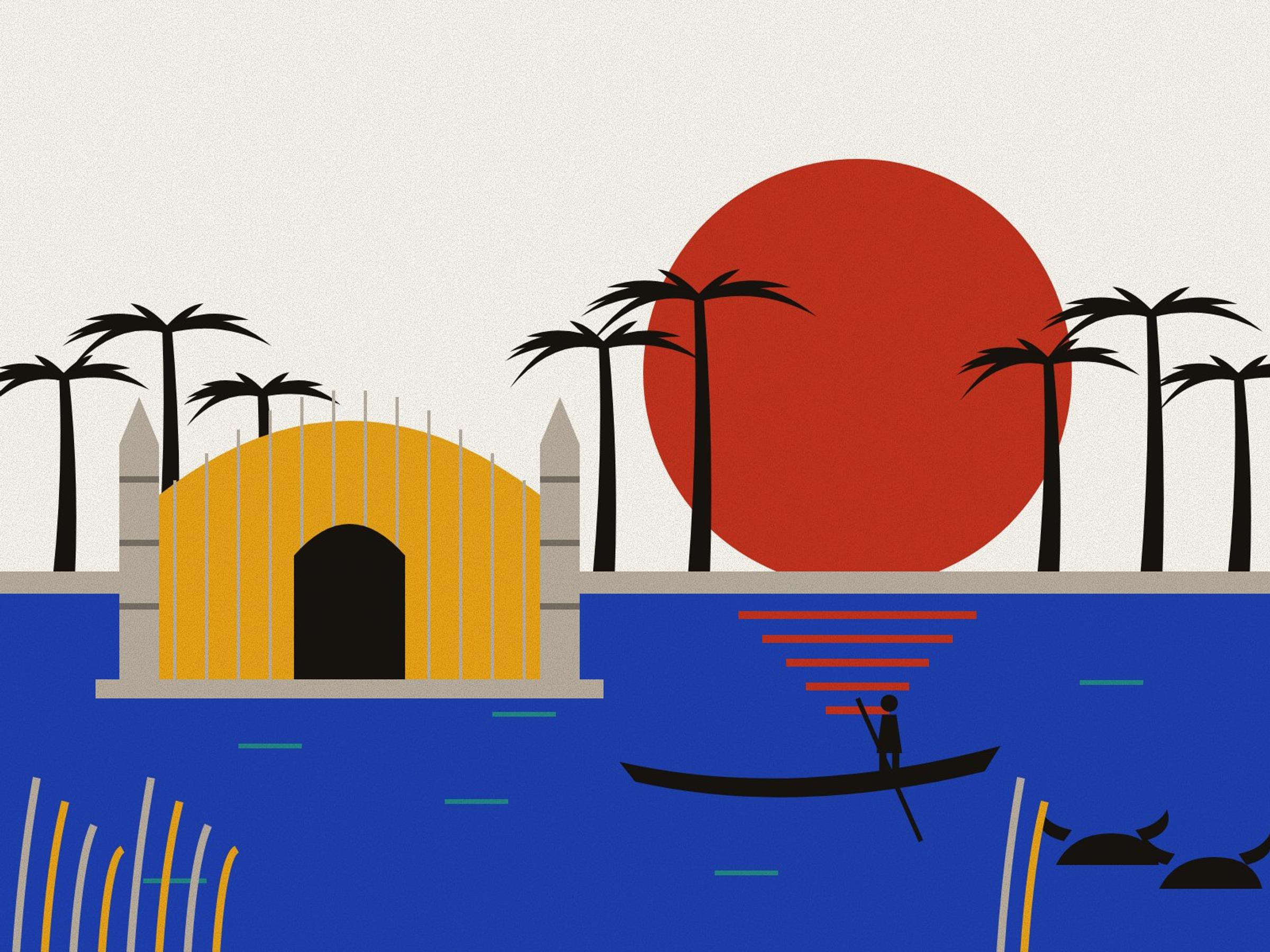 A vaulted reed guesthouse with tall reed-bundle pillars in the marshes of Khuzestan, a narrow reed boat poled across the blue water, two water buffalo half-submerged and palm groves on the far bank, under a red sun on white.