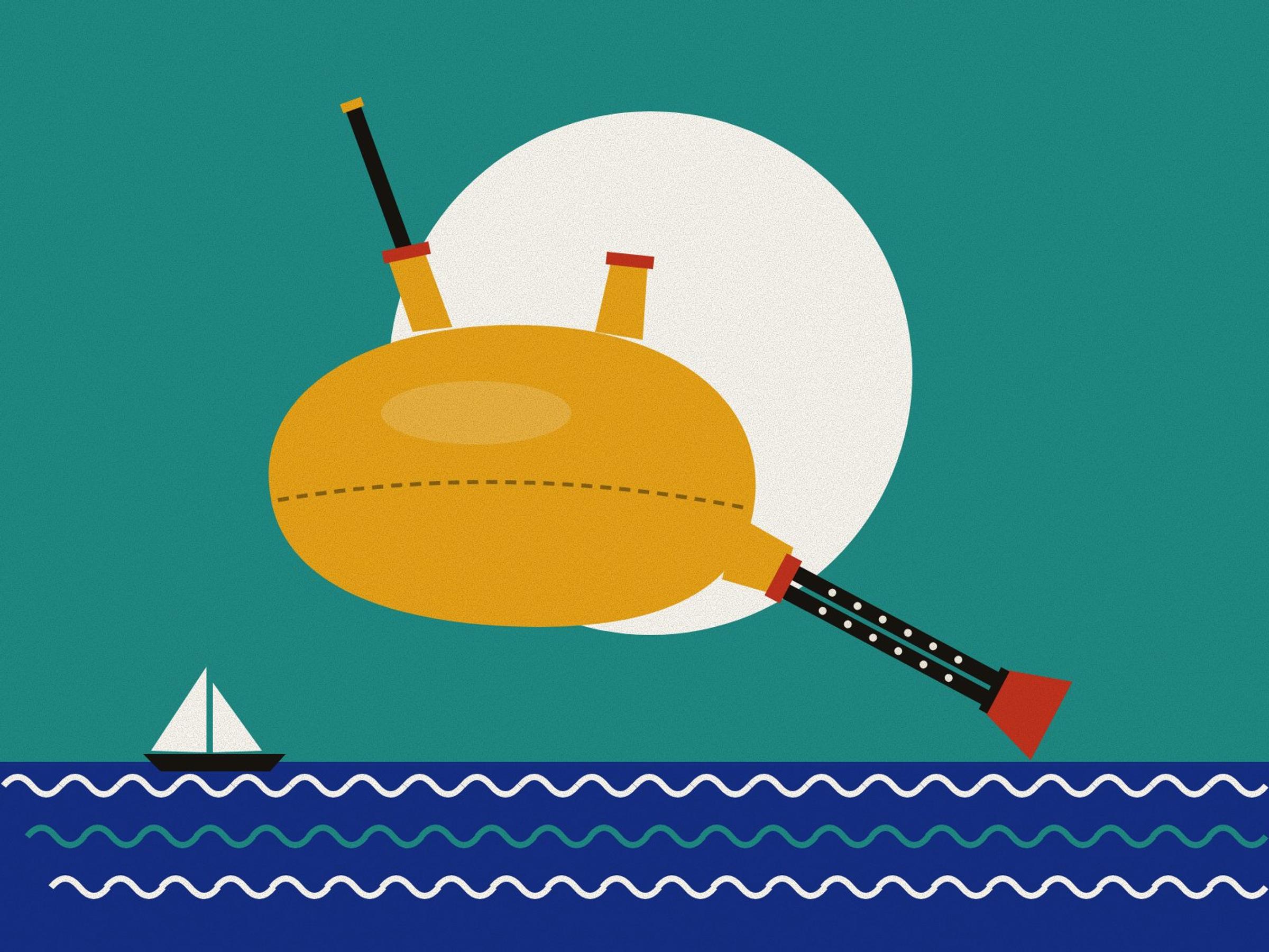 A neyanban bagpipe, a saffron goatskin tied at the legs with a blowpipe and double chanter, before a white halo on turquoise over rows of waves with a small sailing lenj