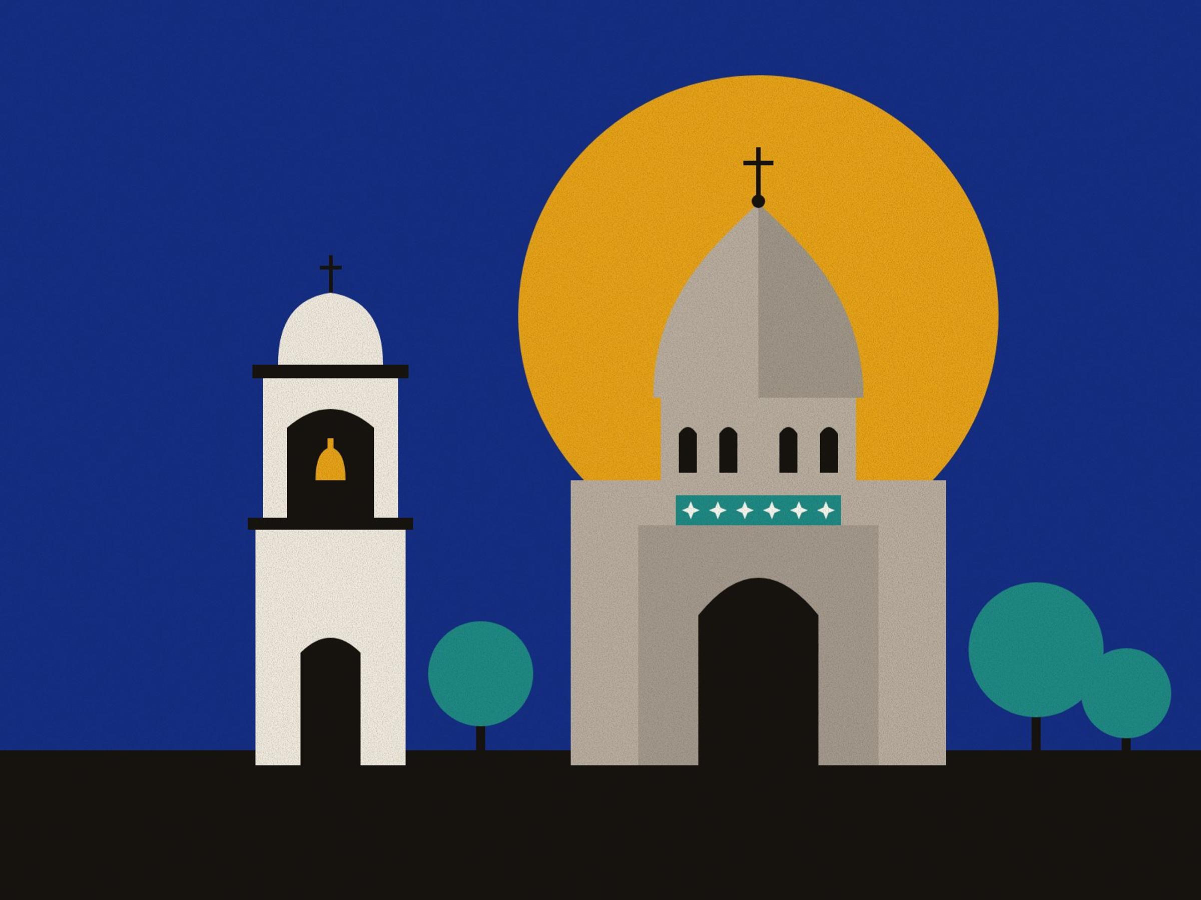 Vank Cathedral in New Julfa, its brick drum and pointed Persian dome topped by a small cross and a band of turquoise tile over the door, beside its pale bell tower with a bell in the arch, against a saffron sun on deep lapis.
