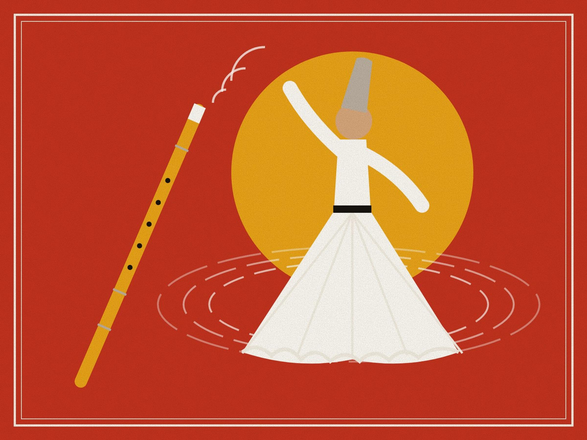 The turning white skirt of a whirling dervish under a tall felt cap, drawn without a face, beside a long reed flute, against a saffron halo on red