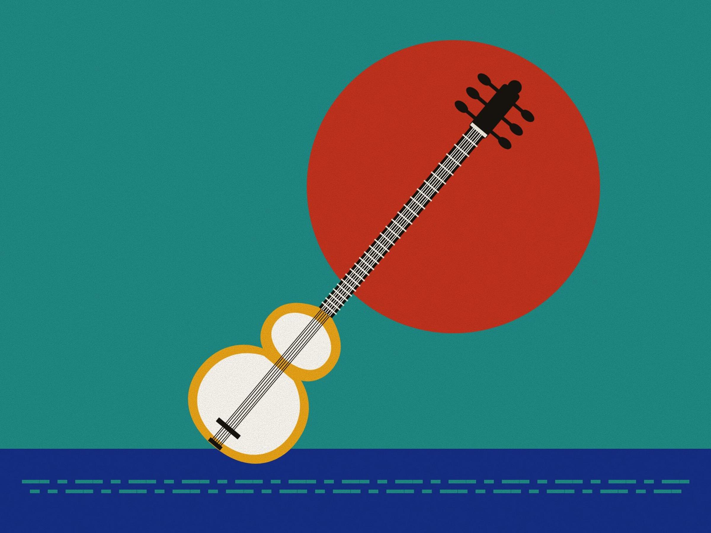 A Persian tar with its double-bowled saffron body, two white skin faces and long fretted neck, angled across a red halo on turquoise