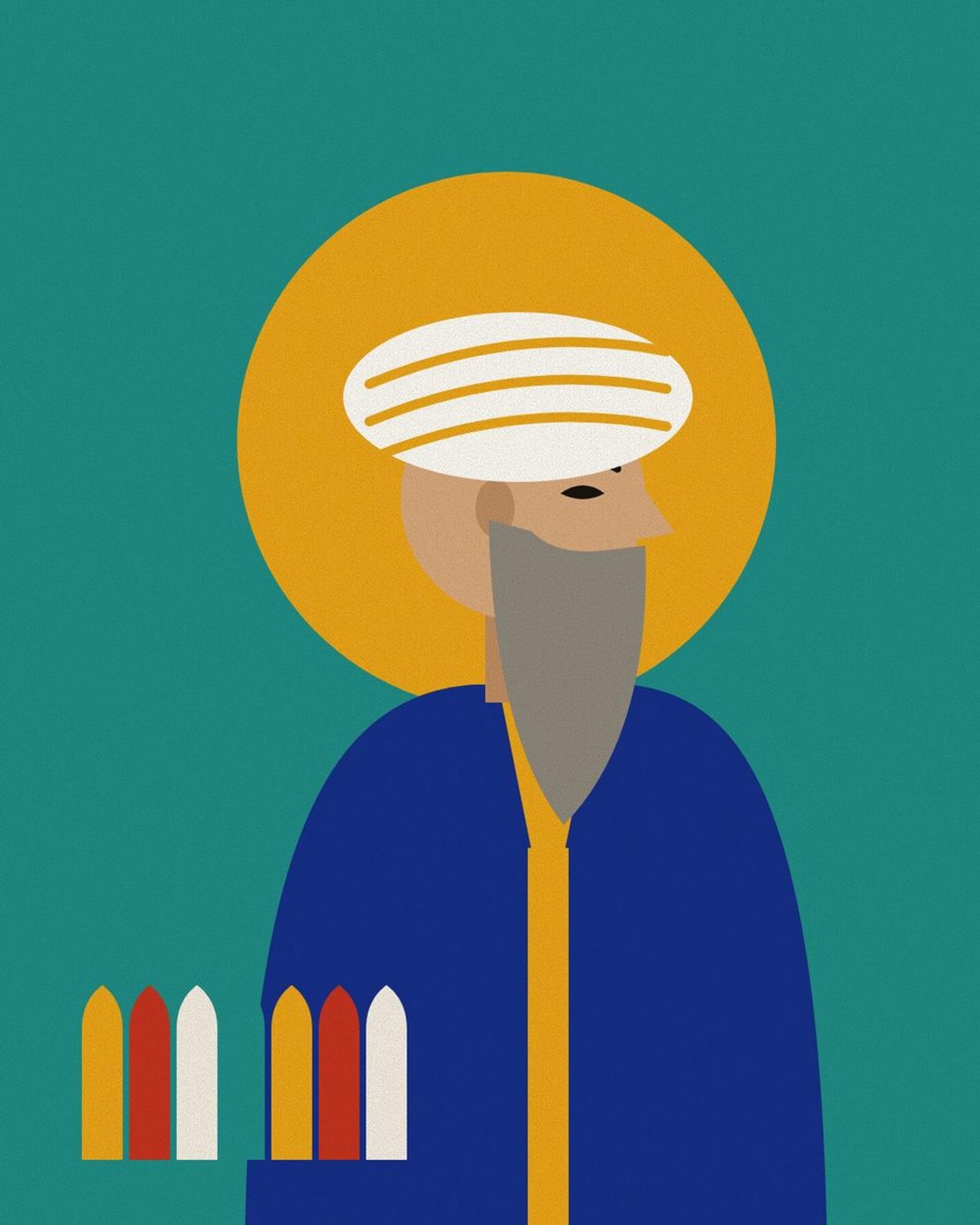 Stylised portrait of Jami with a long grey beard and a broad white turban, against a saffron halo on turquoise, with seven arches for the Seven Thrones.