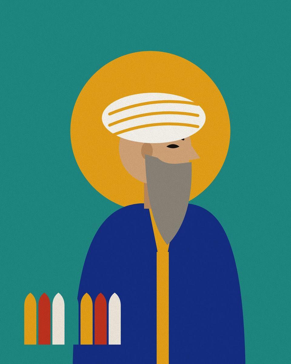 Stylised portrait of Jami with a long grey beard and a broad white turban, against a saffron halo on turquoise, with seven arches for the Seven Thrones.
