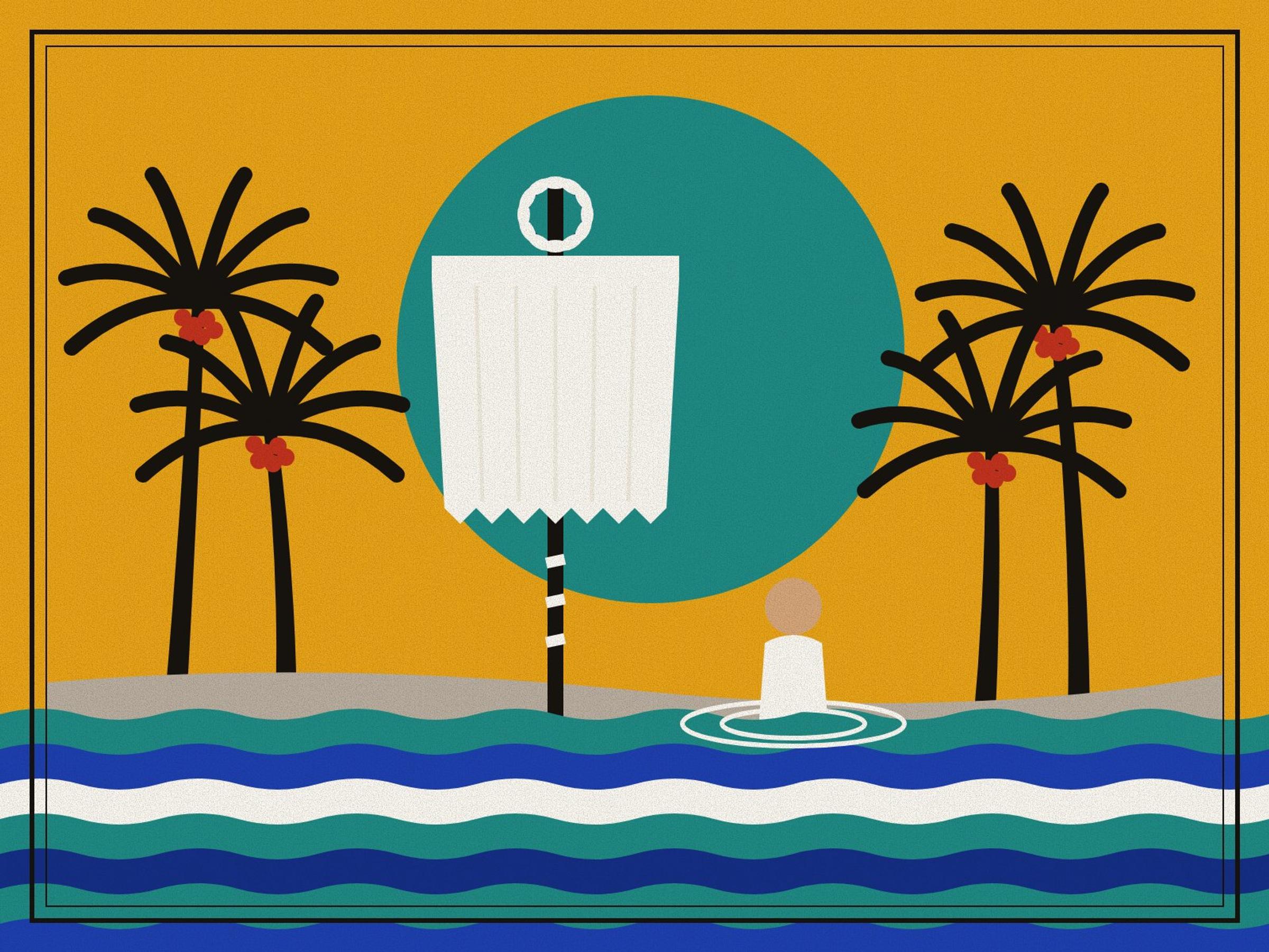 A cross-shaped staff draped in white silk and crowned with a myrtle wreath beside a flowing river, a white-robed figure in the water and date palms on the banks