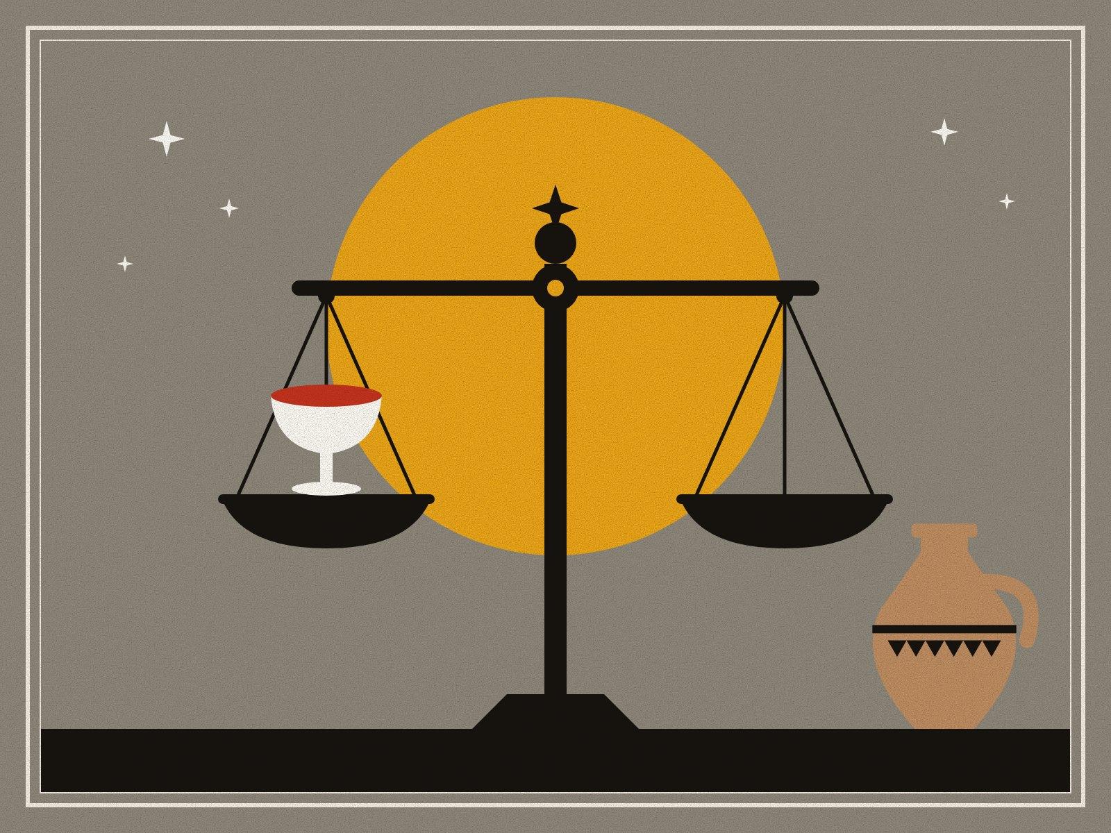 A pair of scales held level against a saffron halo on grey, one pan holding a wine cup for Khayyam’s quatrains and the other empty, beside a terracotta potter’s jug under a few white stars