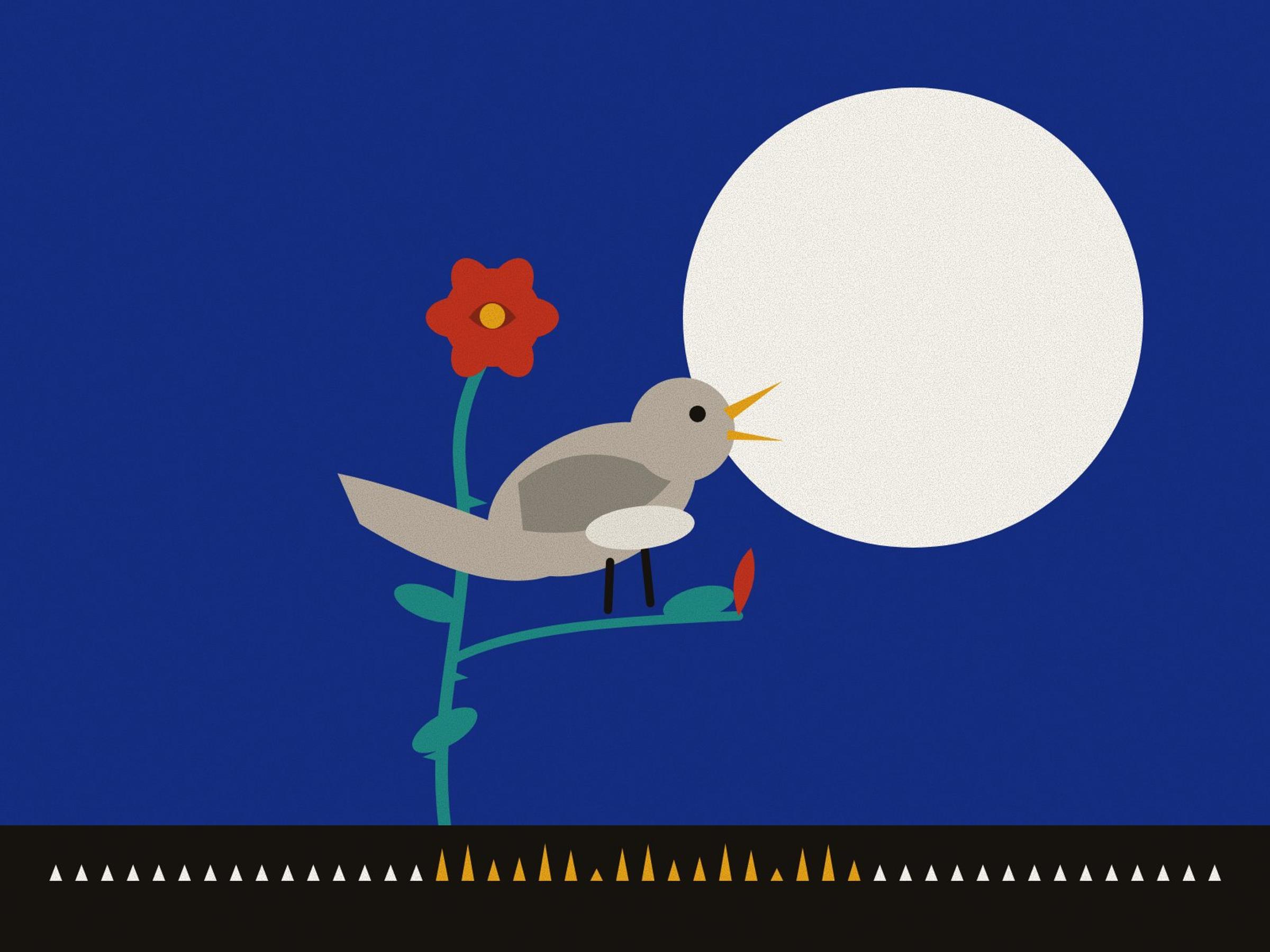 A nightingale on a rose stem beside a red rose, singing before a pale moon on deep blue, above a frieze of rippling wedges