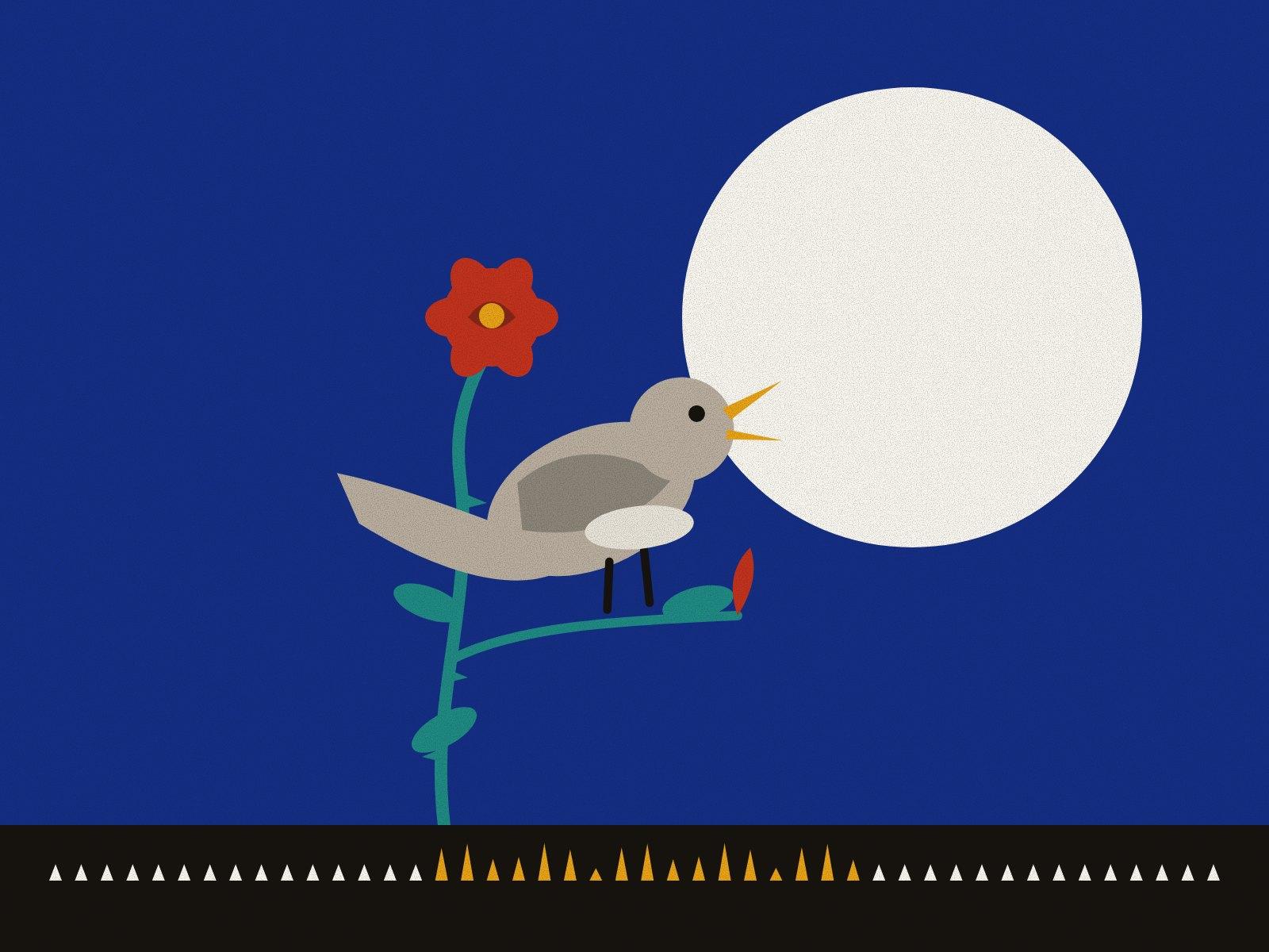 A nightingale on a rose stem beside a red rose, singing before a pale moon on deep blue, above a frieze of rippling wedges