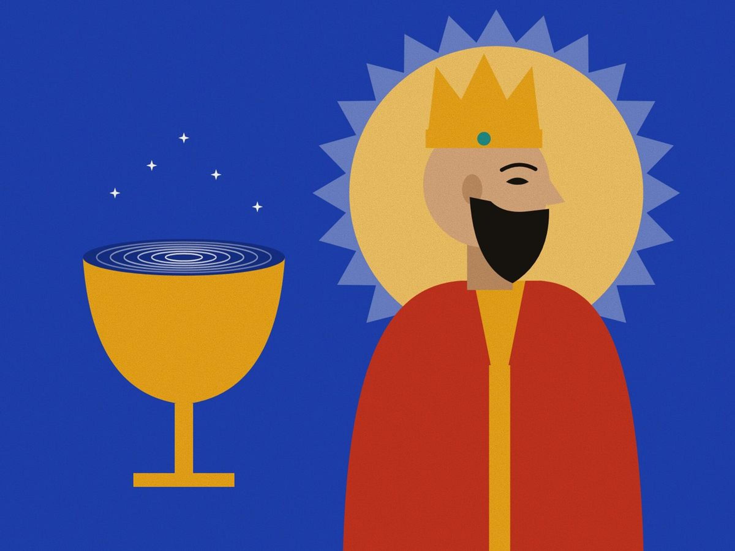 A geometric profile of Jamshid with a short dark beard and a saffron crown, in red, against a radiant saffron sun on lapis, with the cup in which the world could be seen, its rim full of stars.