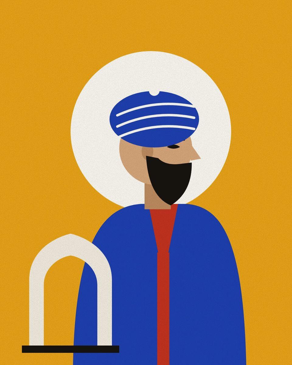 Stylised portrait of Khaqani with a short dark beard and a lapis turban, against a white halo on saffron, with the great arch of Ctesiphon.