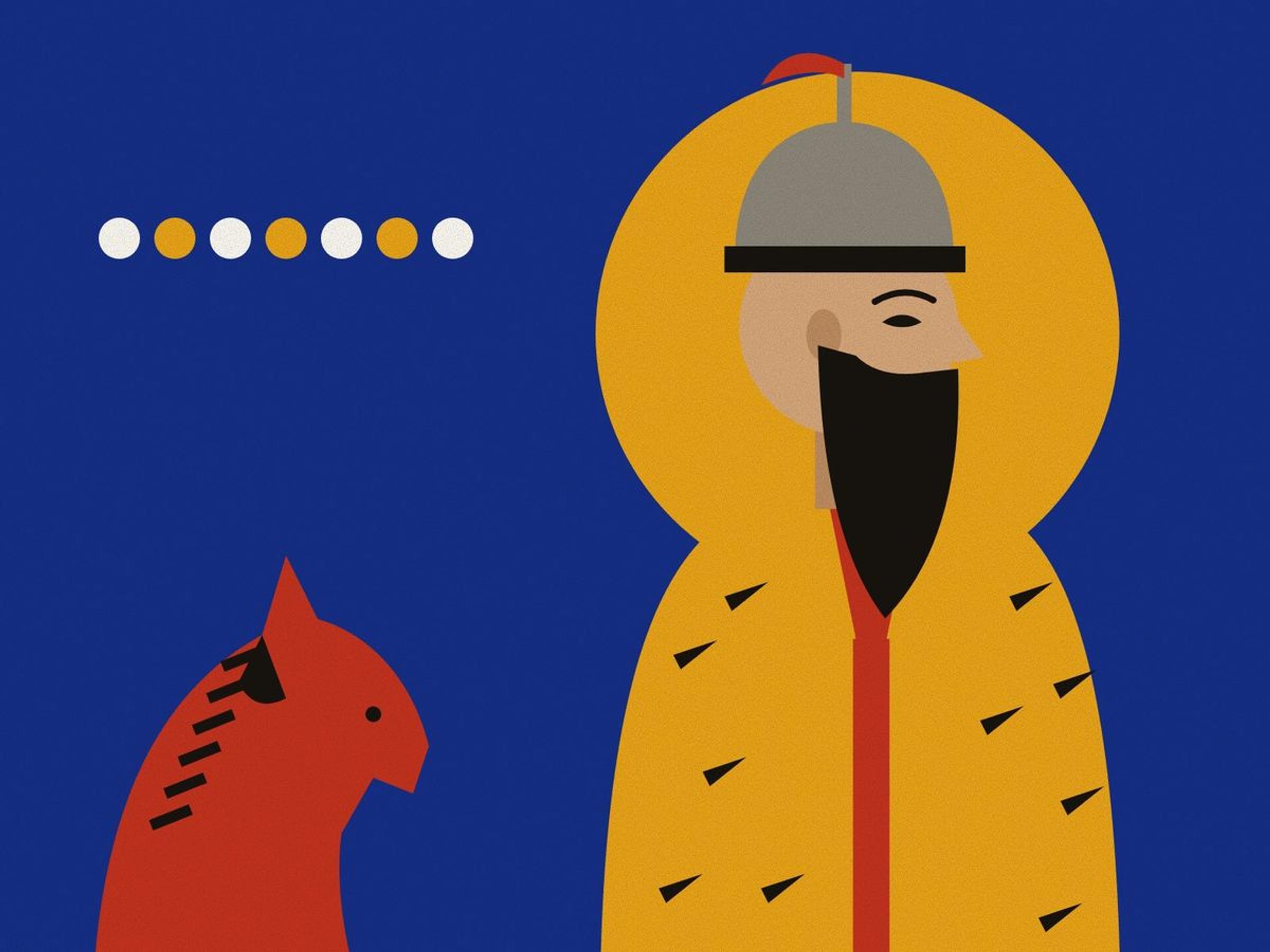 A geometric profile of Rostam with a long dark beard, a grey helmet and his tiger-skin coat, against a saffron halo on deep lapis, with the head of his horse Rakhsh and seven discs for the seven labours.