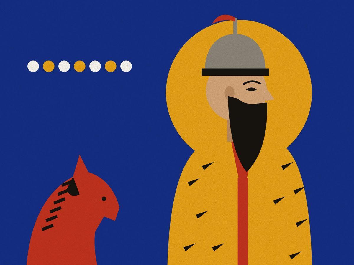 A geometric profile of Rostam with a long dark beard, a grey helmet and his tiger-skin coat, against a saffron halo on deep lapis, with the head of his horse Rakhsh and seven discs for the seven labours.