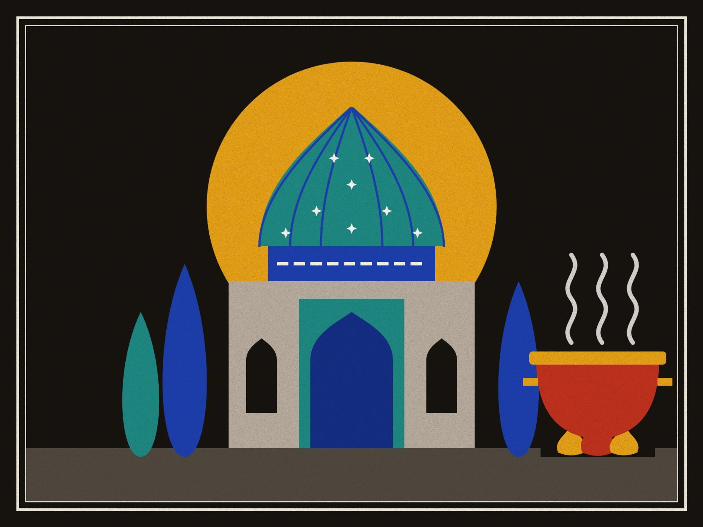 A shrine with a turquoise tiled dome among cypresses against a saffron halo on black, with a copper pot of vowed food steaming beside it