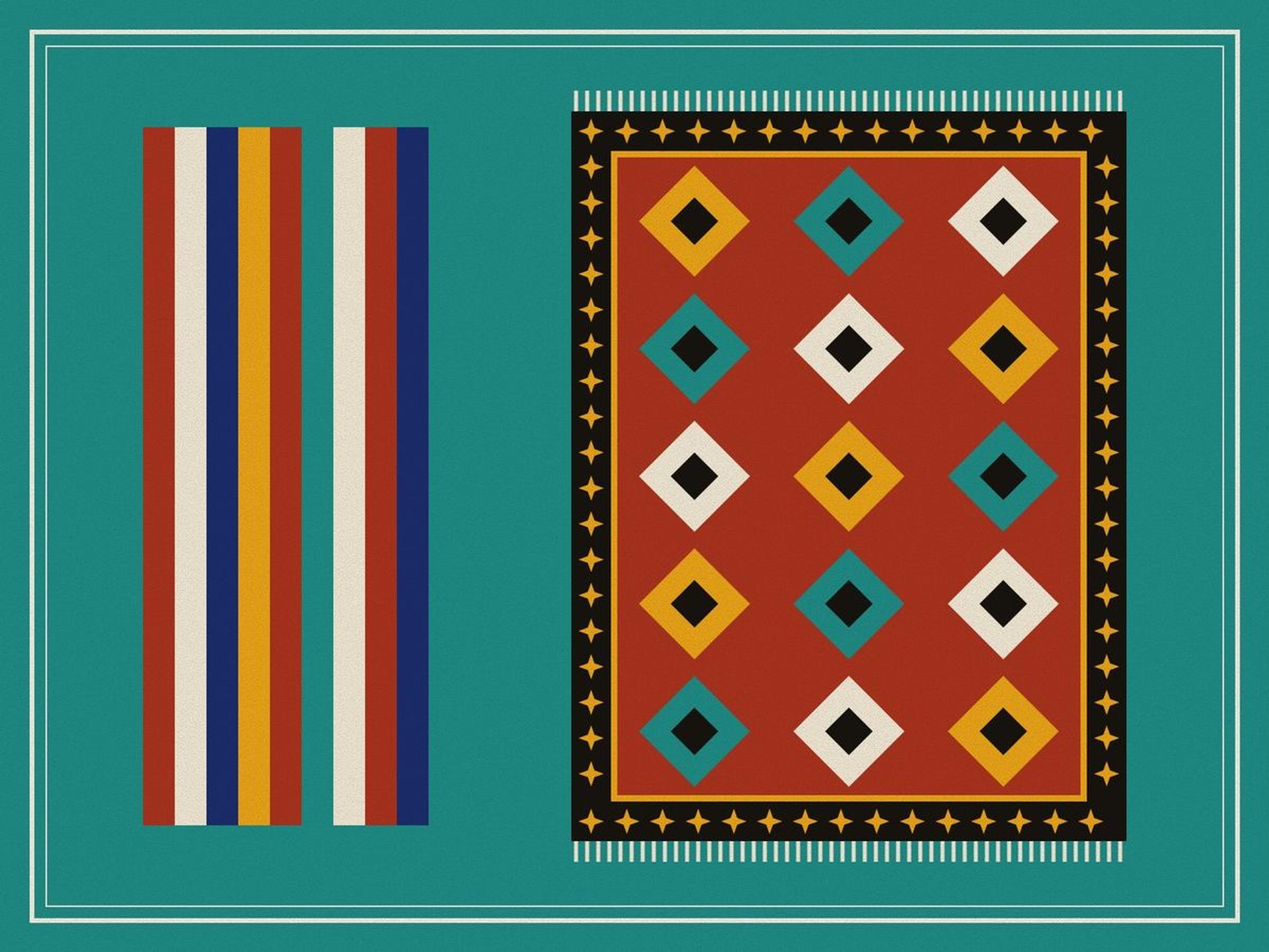 A striped jajim of narrow bands in red, ivory, indigo, saffron and turquoise beside a red kilim of stepped diamonds in saffron, turquoise and ivory, on turquoise, inside a ruled frame.